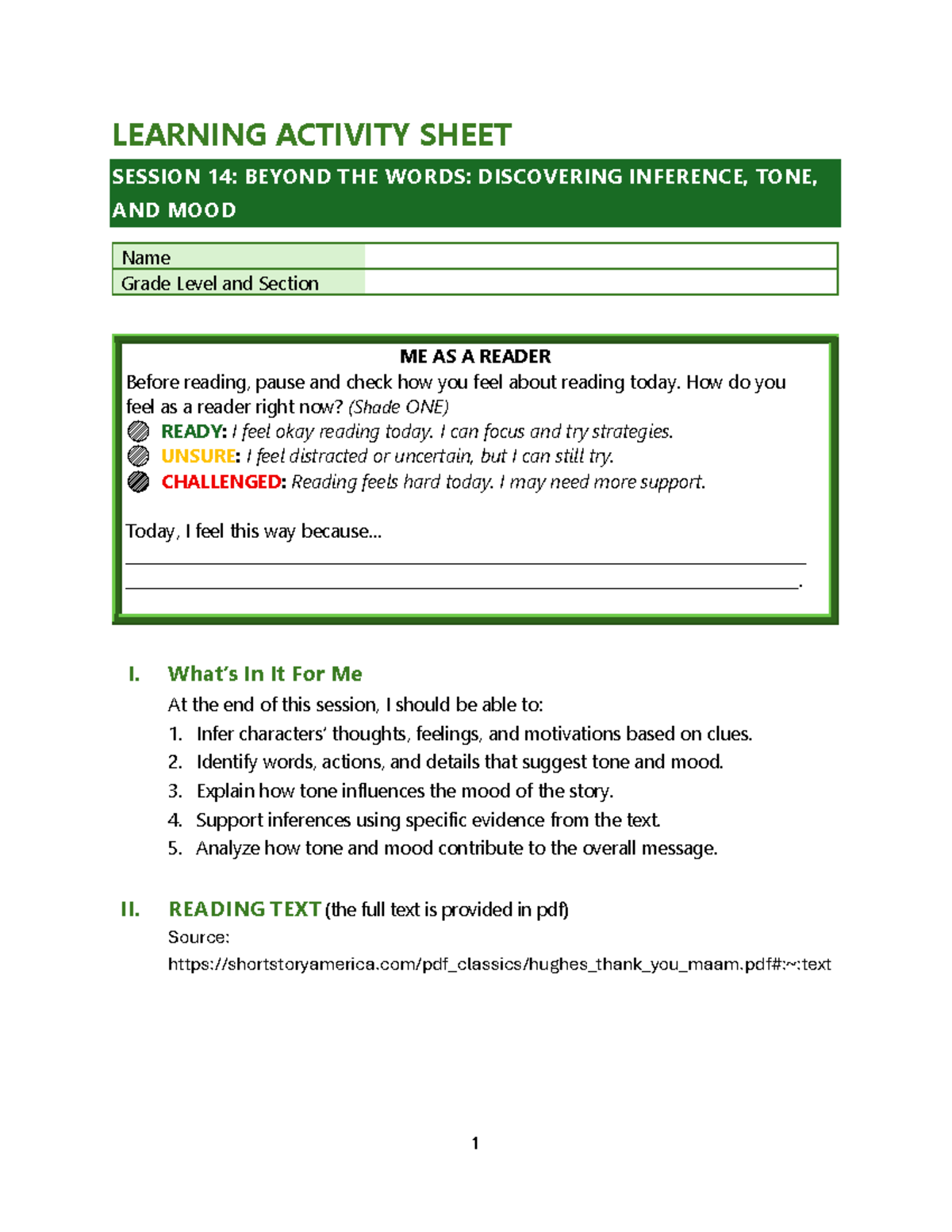 LEARNING ACTIVITY SHEET SESSION 14: INFERENCING TONE AND MOOD IN TEXT ...