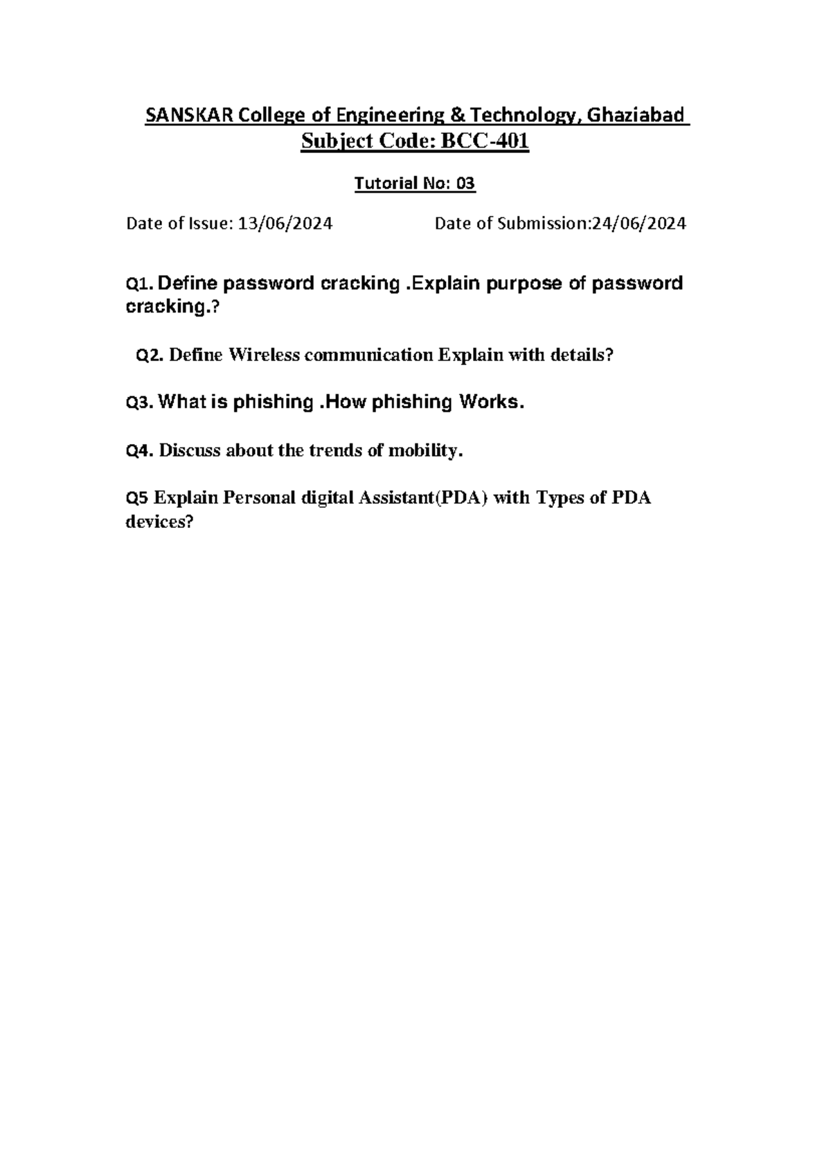CS tutorial 3 - Computer engineering - SANSKAR College of Engineering ...