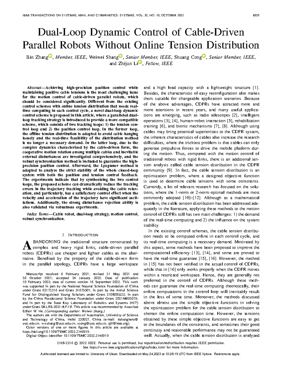 Dual-Loop Dynamic Control of Cable-Driven Parallel Robots Without ...