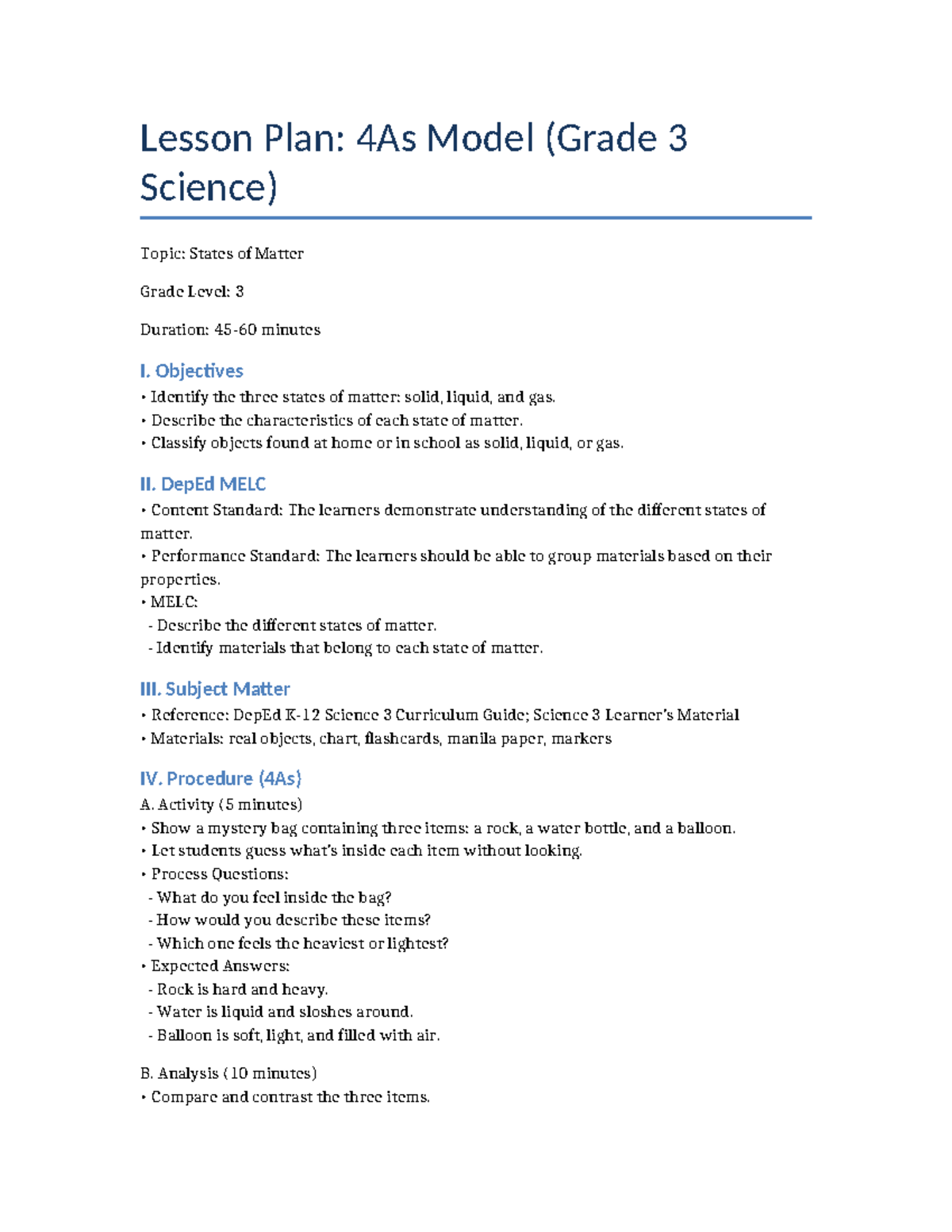 Lesson Plan: 4As Model on States of Matter (Grade 3 Science) - Studocu