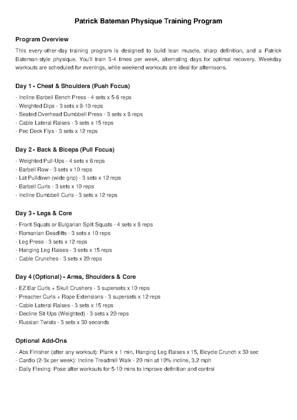 Patrick Bateman Physique Training Program Overview and Schedule - Studocu