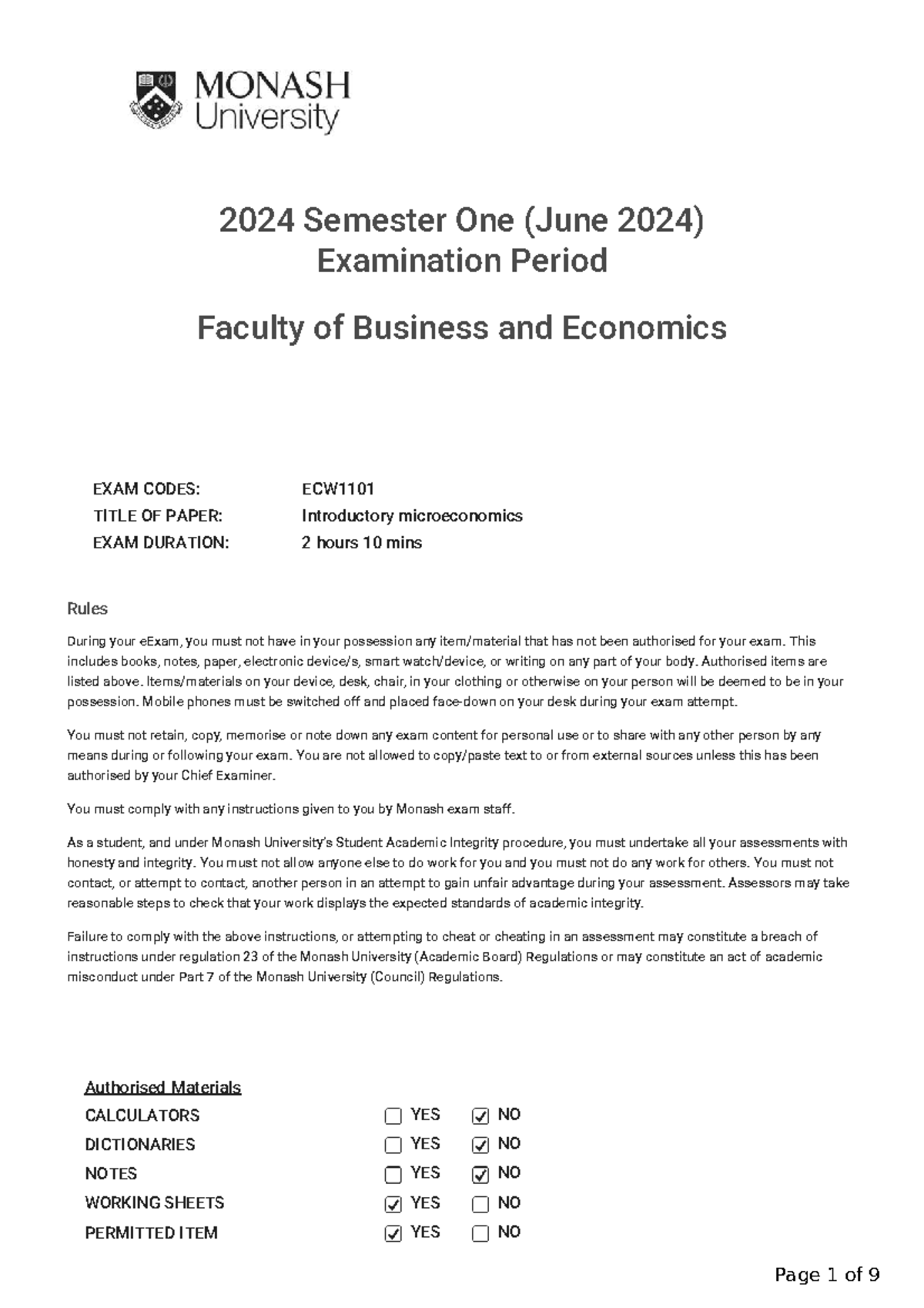 2024 S1 Final Exam Questions for ECW1101: Introductory Microeconomics ...