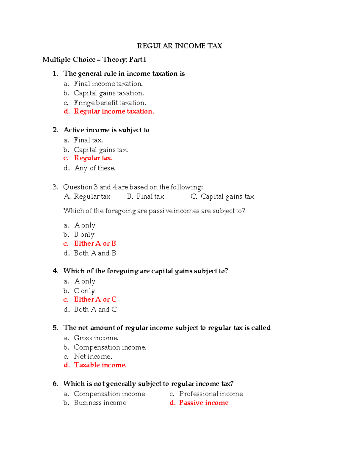 Regular Income Tax Practice Q&As - Part 1 - Studocu