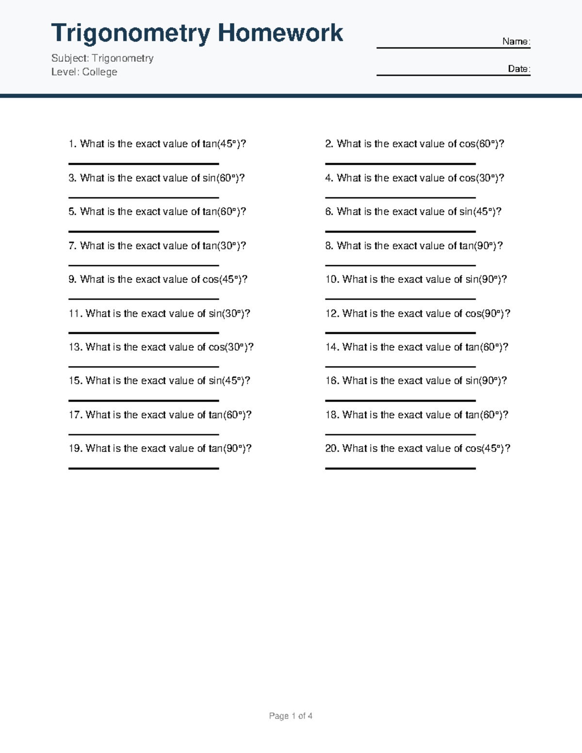 Trigonometry Homework 1: Exact Values & Solutions - Studocu