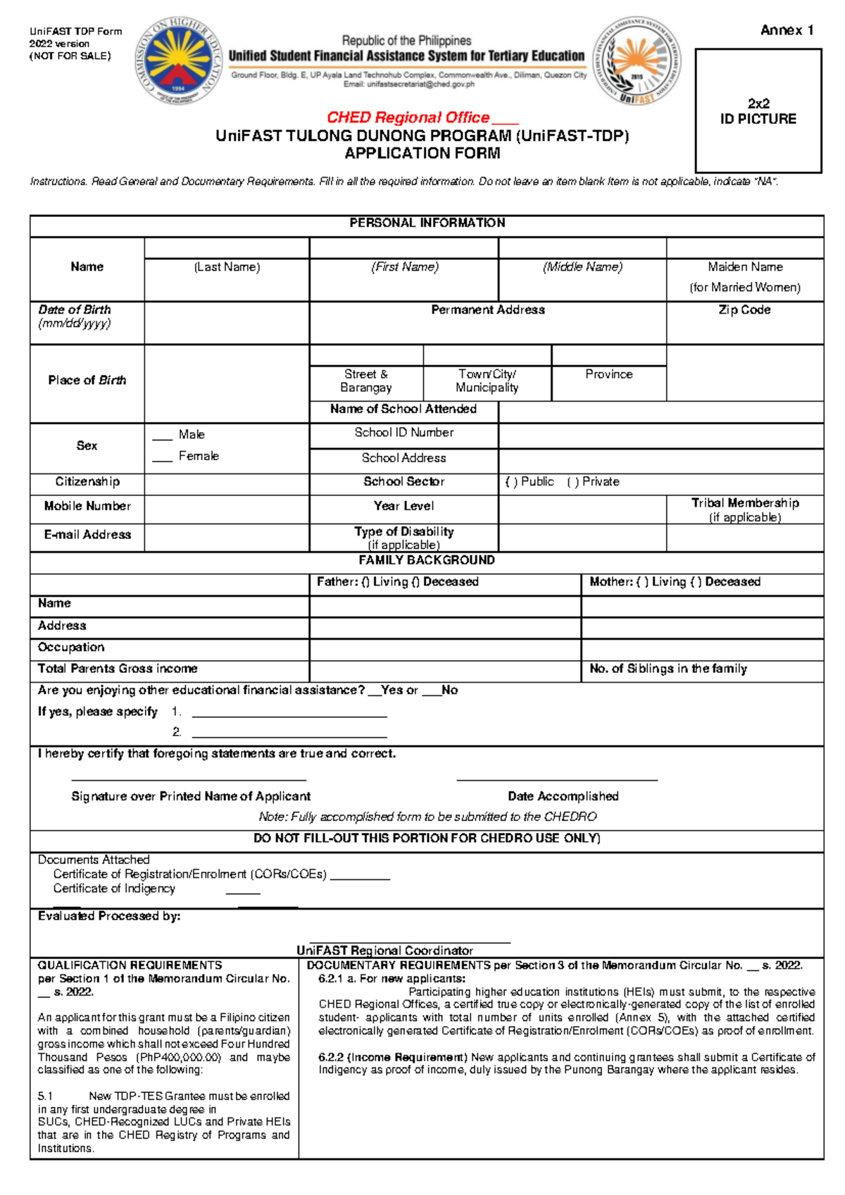 UniFAST TDP Application Form - Annex 1 (2022 Version) - Studocu