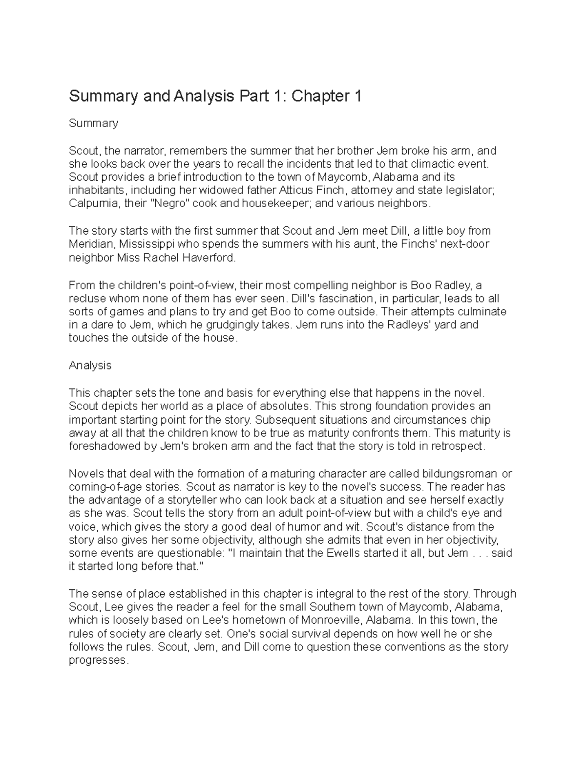 Summary and Analysis of To Kill a Mockingbird: Part 1, Chapter 1-6 ...