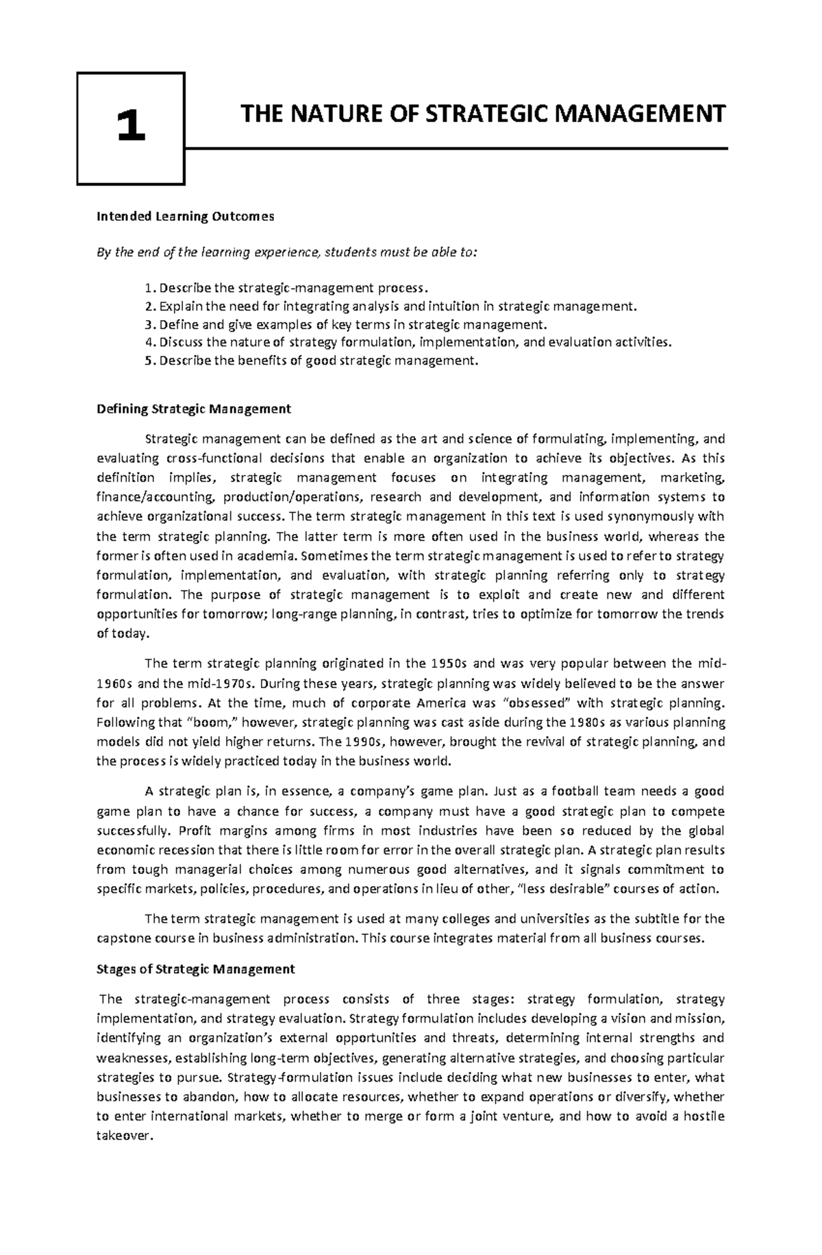 Chapter 1: The Nature of Strategic Management (BUS 101) - Studocu