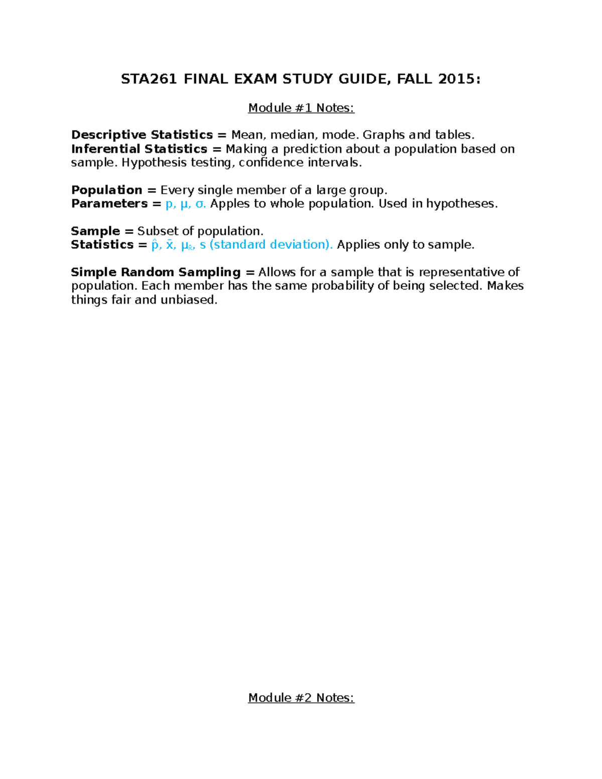 STA261 Final Exam Comprehensive Study Guide for Fall 2015 - Studocu