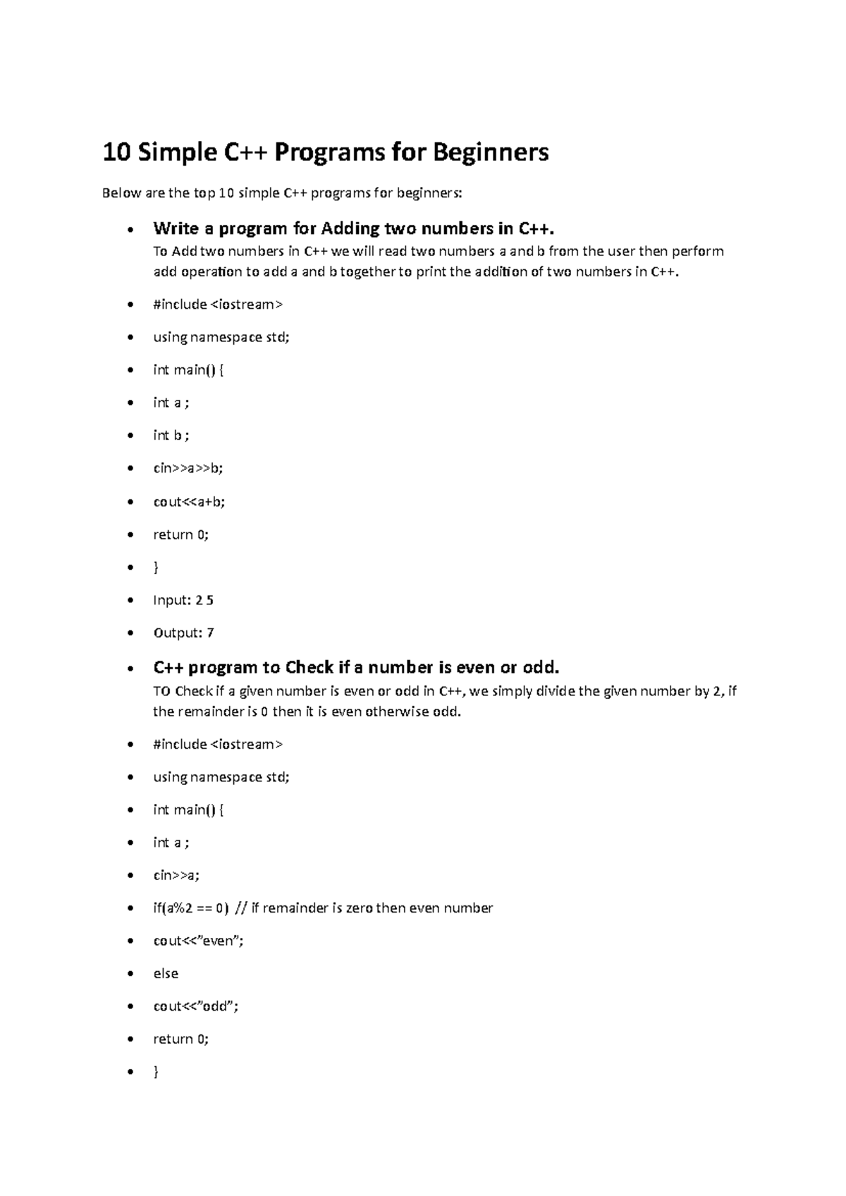 10 simple c++ program - 10 Simple C++ Programs for Beginners Below are ...