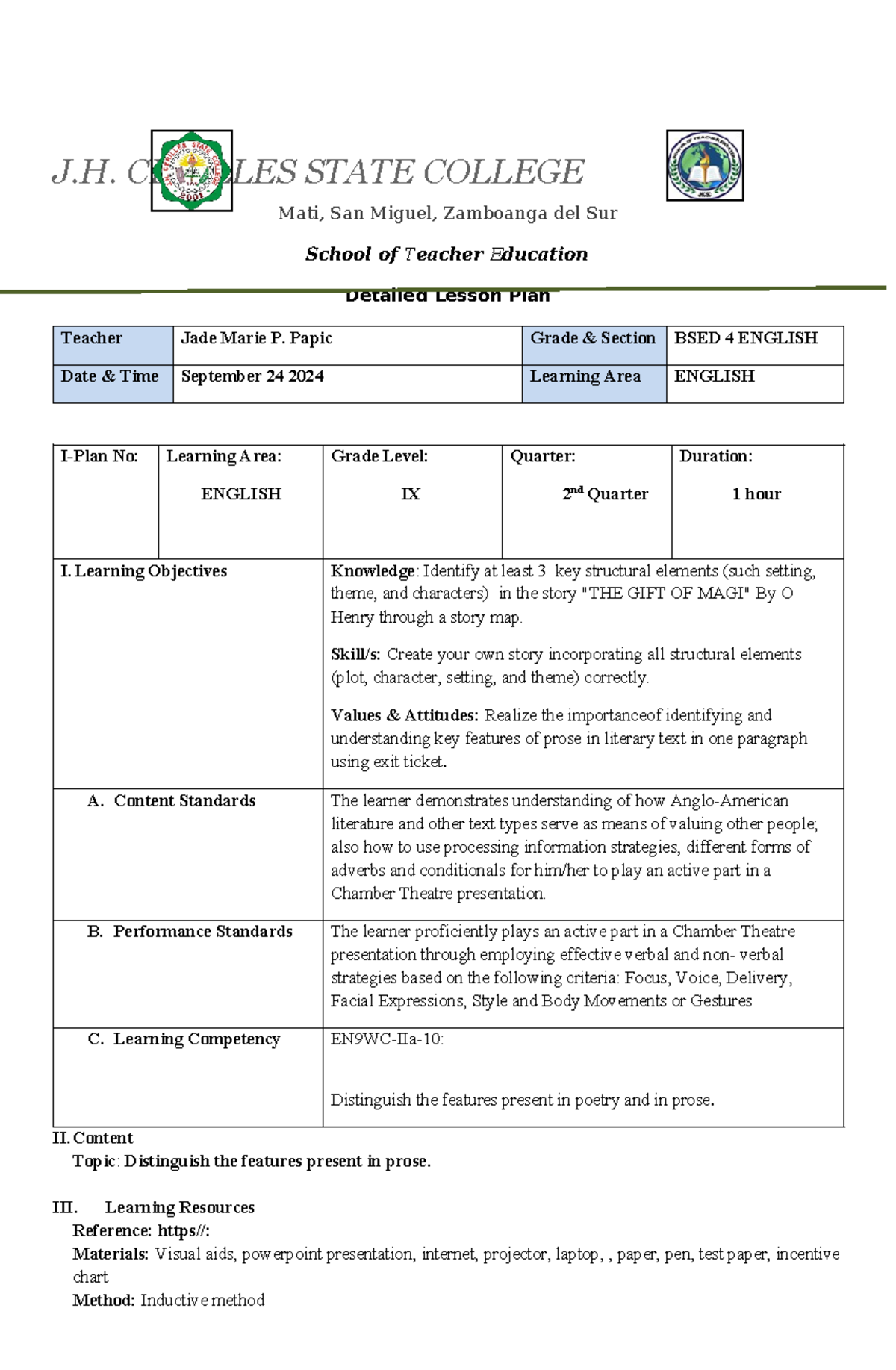 Detailed Lesson Plan on Prose Features - BSED 4 ENGLISH Lesson - Studocu