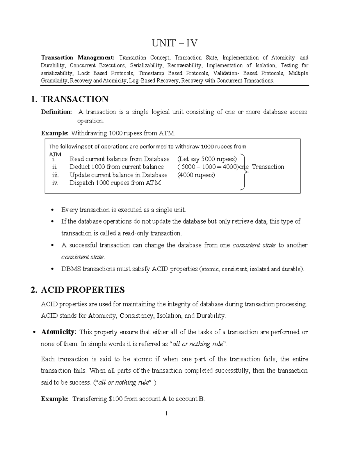 DBMS R18 UNIT IV: Transaction Management Concepts and Protocols - Studocu