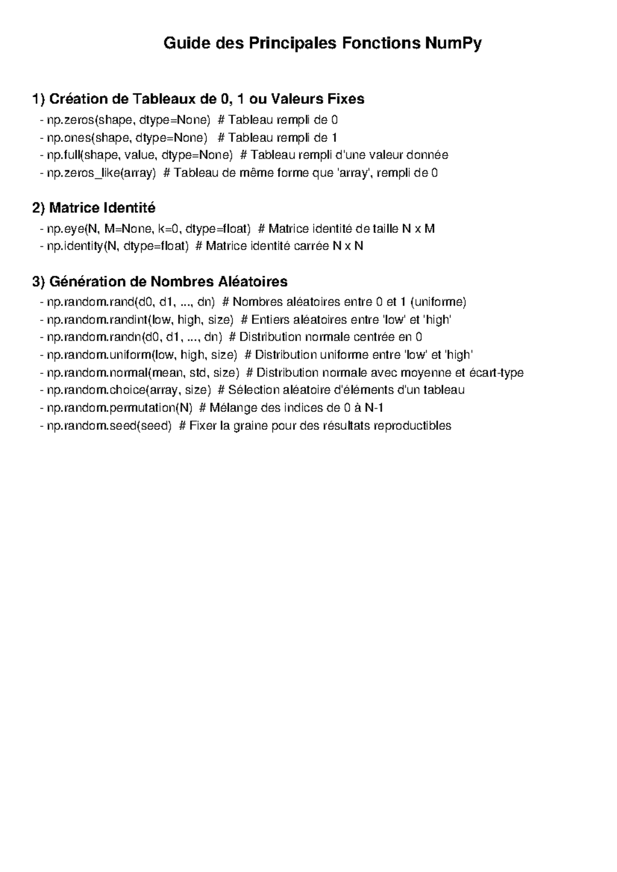 Guide des Méthodes NumPy - Création et Génération de Données - Studocu