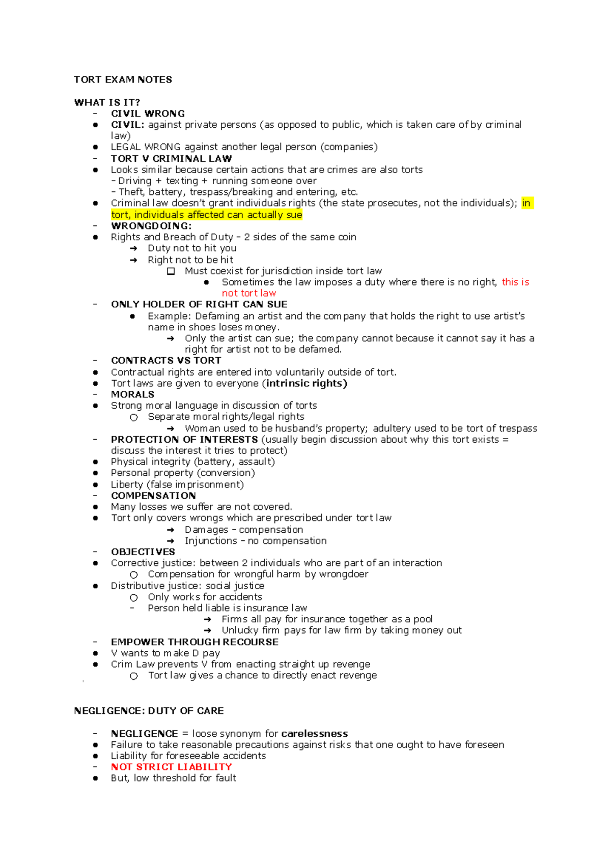 TORT 101: Exam Notes on Civil Wrong and Negligence Overview - Studocu