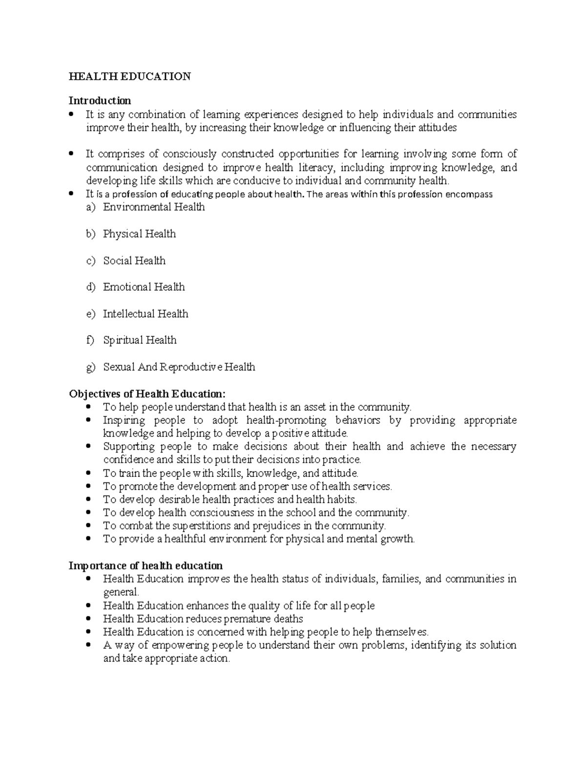 Introduction to Health Education: Key Concepts and Objectives - Studocu