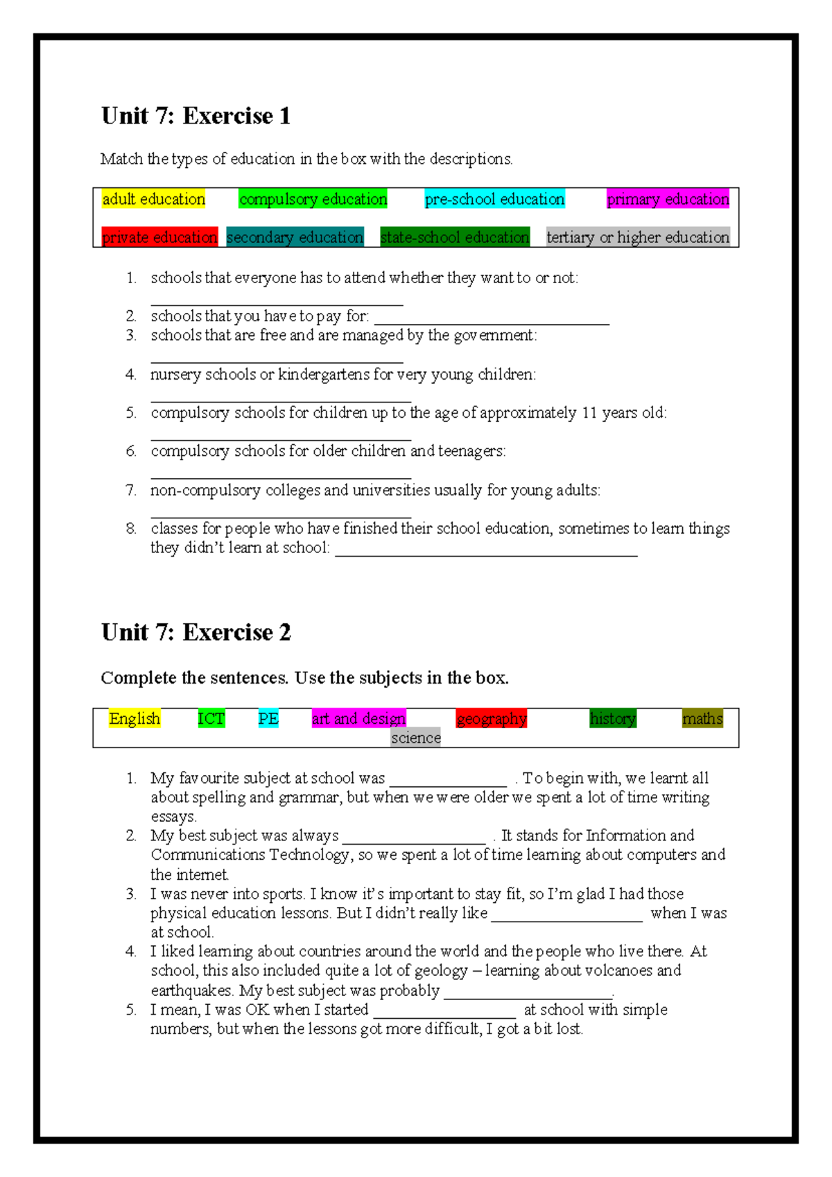 Unit 7 - Grammar and Vocabulary Exercises for Education - Studocu
