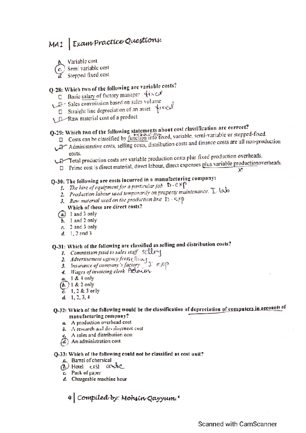 MA1 I Exam Practice Questions: Cost Classification and Analysis - Studocu