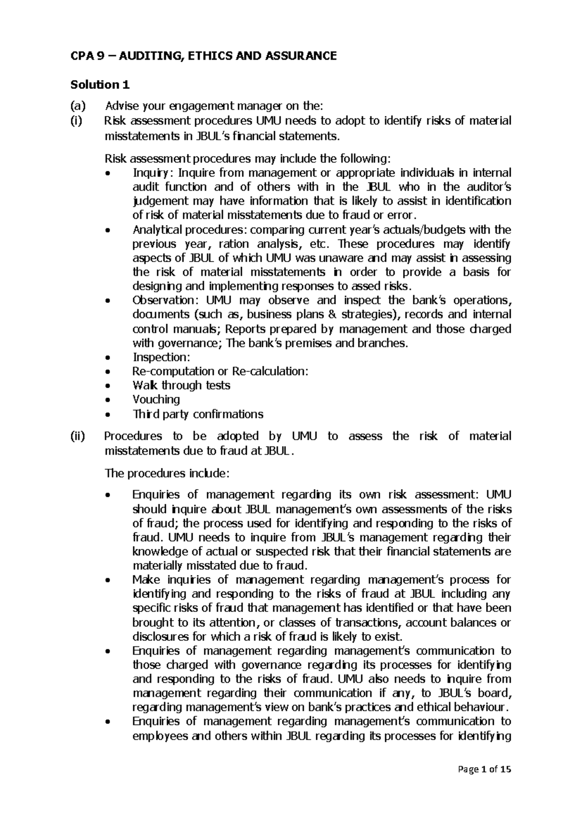 CPA 9 - Auditing, Ethics and Assurance: Risk Assessment Procedures and ...
