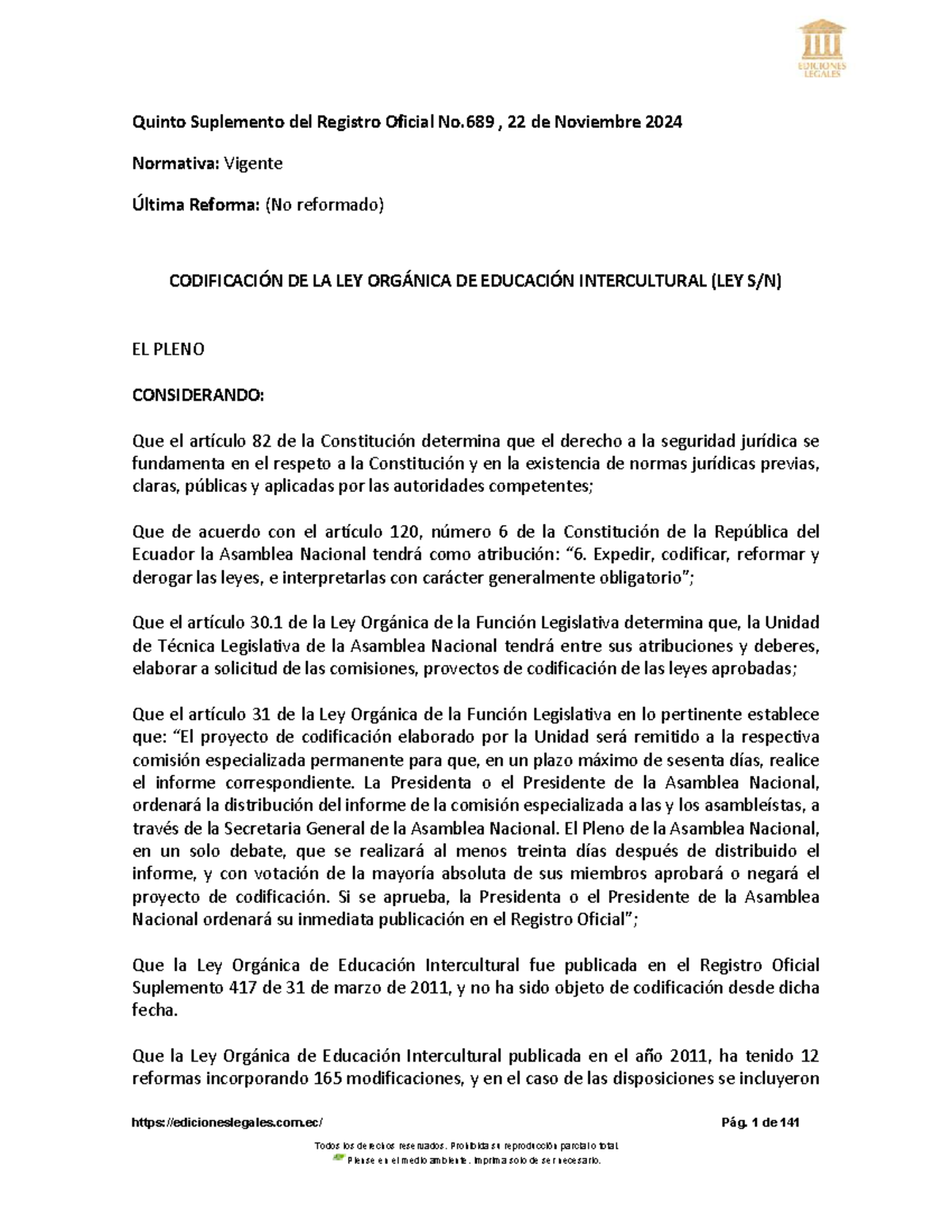 Código de la Ley Orgánica de Educación Intercultural (Ley 2024) - Studocu