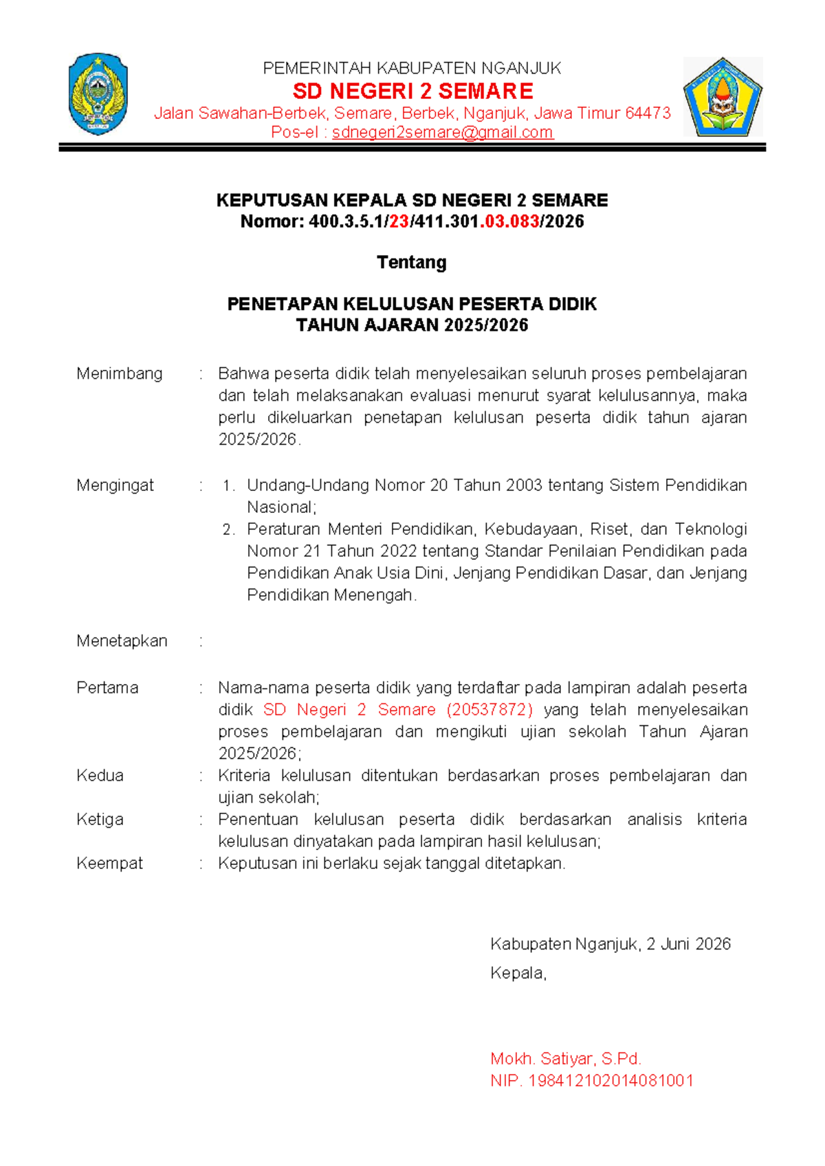 SK Penetapan Kelulusan SD Negeri 2 Semare 2026 - Document Preview