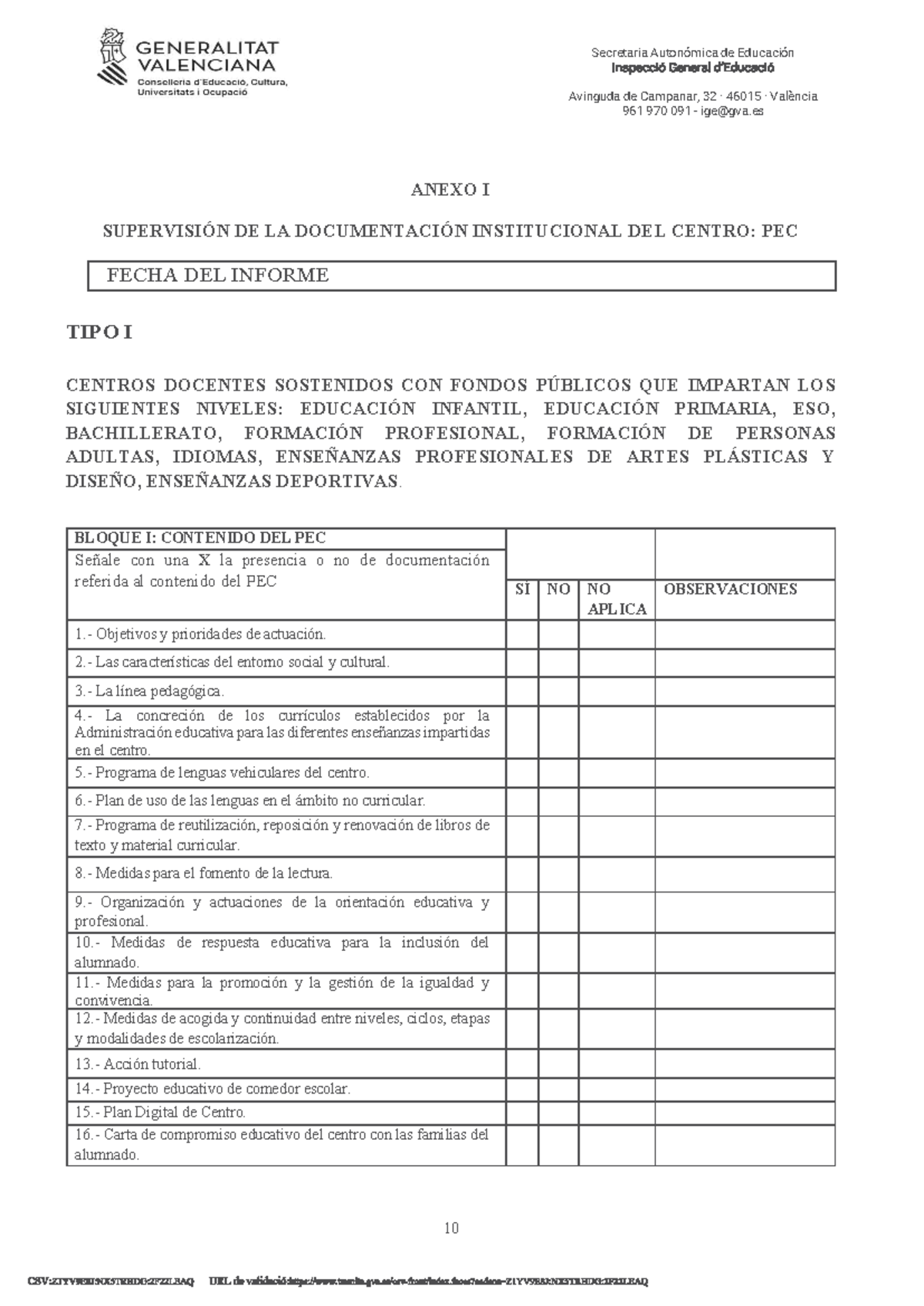 Checklist Inspección Educativa: Supervisión del PEC y Normas de ...