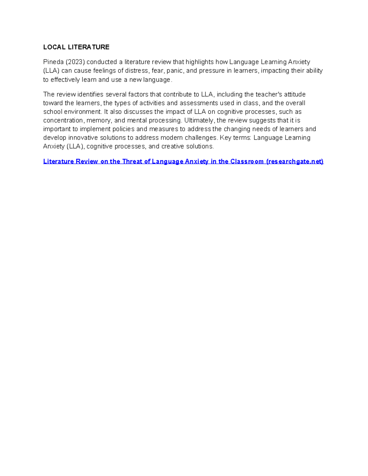Local Literature Review on Language Learning Anxiety (LLA) - Studocu