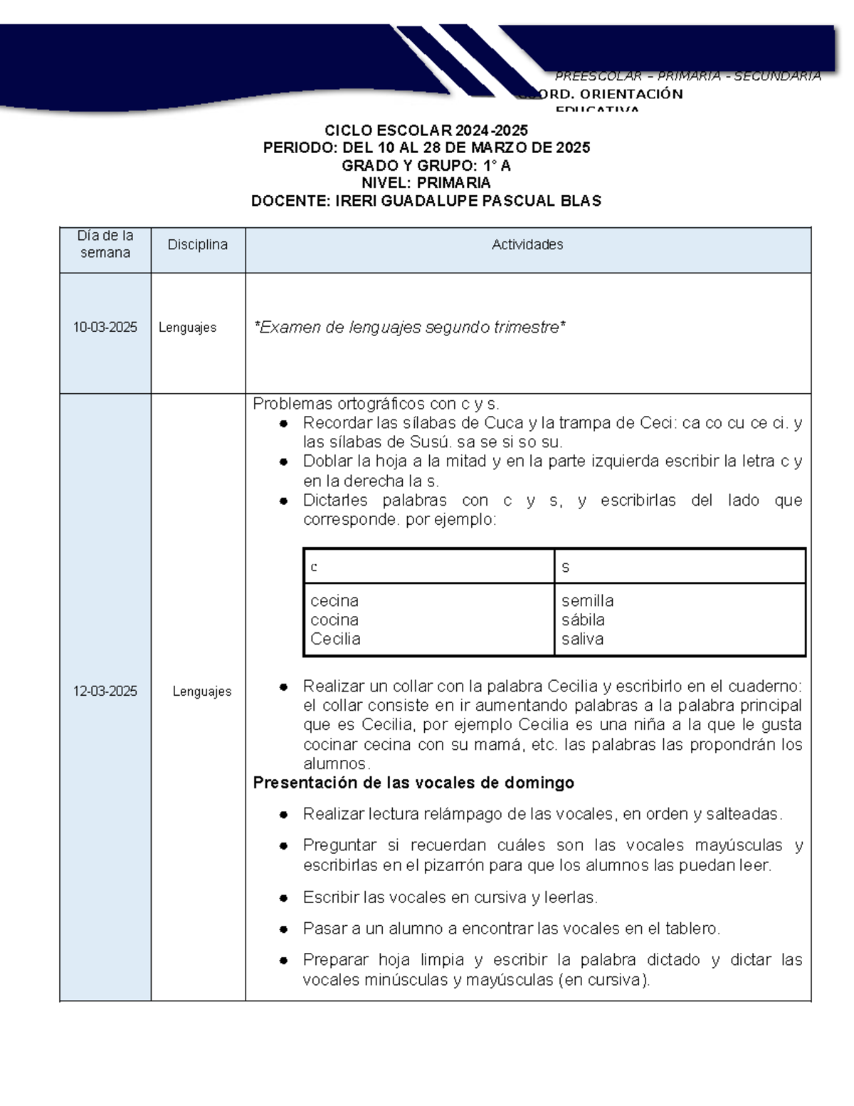Minjares 1ºA PRIM Actividades de Lenguaje del 10 al 28 de marzo 2025 ...