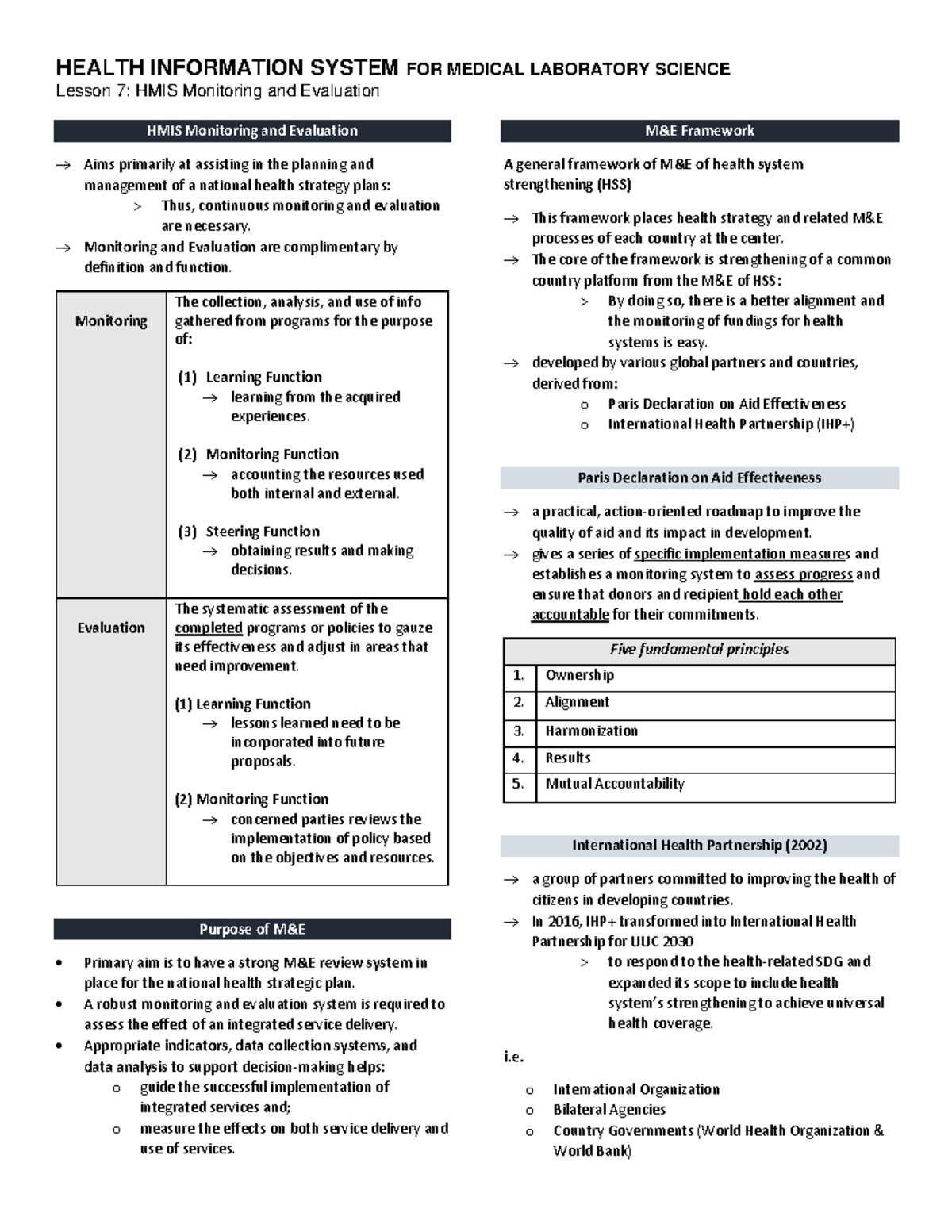 Lesson 7: HMIS Monitoring & Evaluation Framework Overview - Studocu