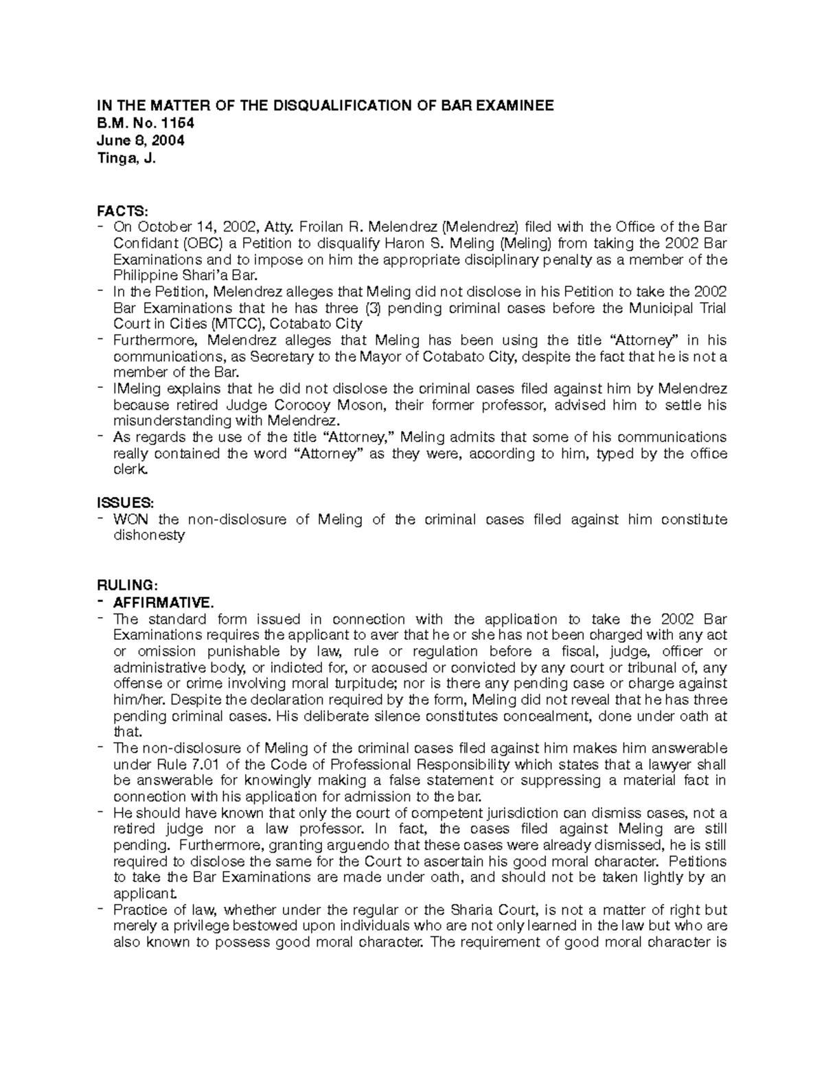 Digest — (11) Disqualification of Atty. Haron S. Meling from Bar Exam ...