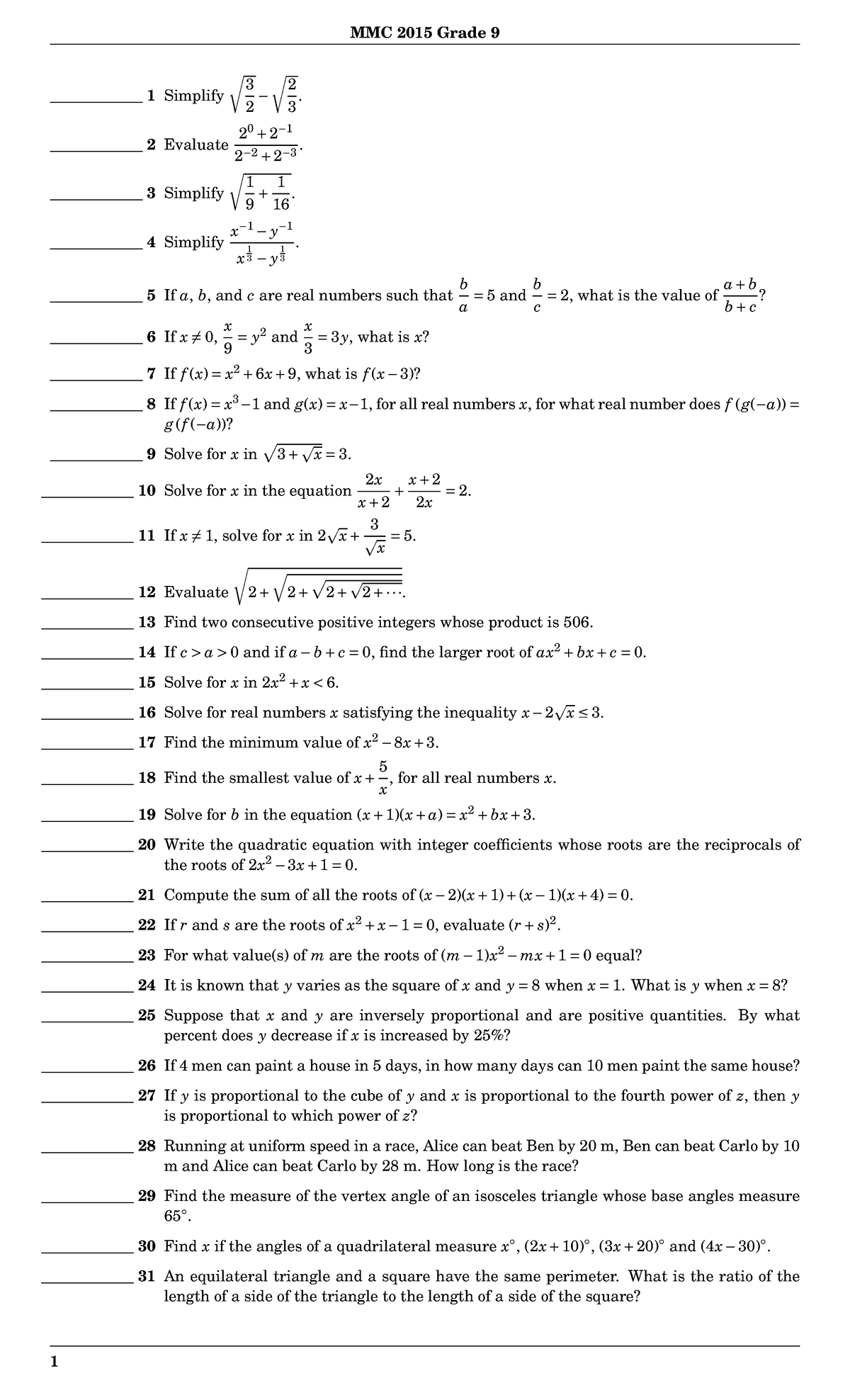 Gr9mmc2015 - MATHEMATICS - MMC 2015 Grade 9 ____________ 1 Simplify √ 3 ...