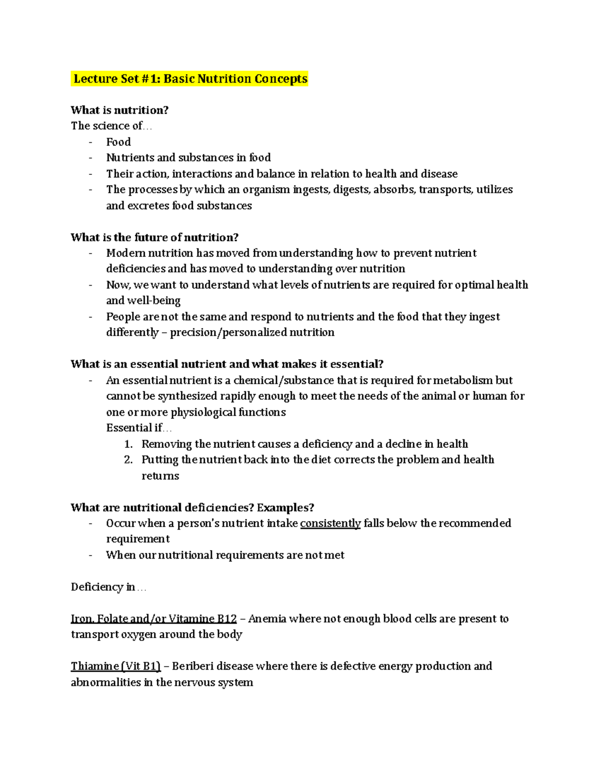 Nutrition Notes Midterm - Lecture Set #1: Basic Nutrition Concepts What ...