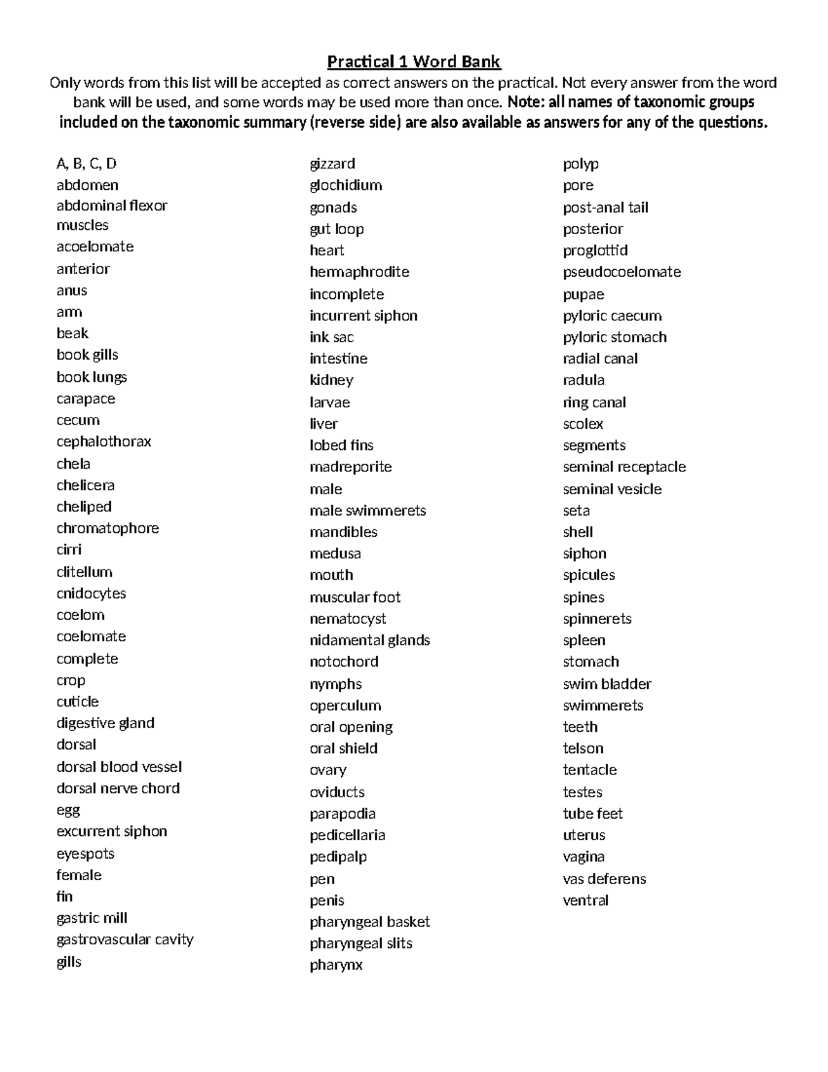 Practical 1 Word Bank for Taxonomic Group Identification - Studocu