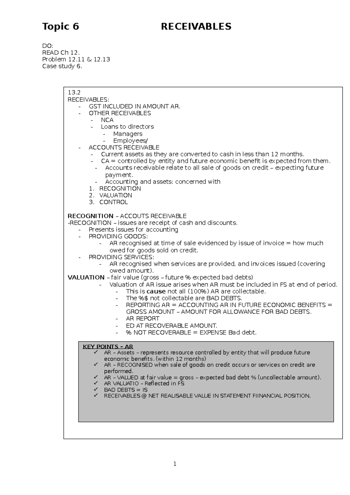 Topic 6 - Chapter Notes on Receivables and Bad Debts Analysis - Studocu
