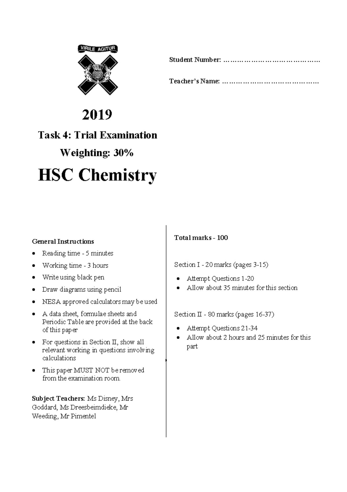 Knox 2019 HSC Chemistry Trial Exam Paper - Studocu