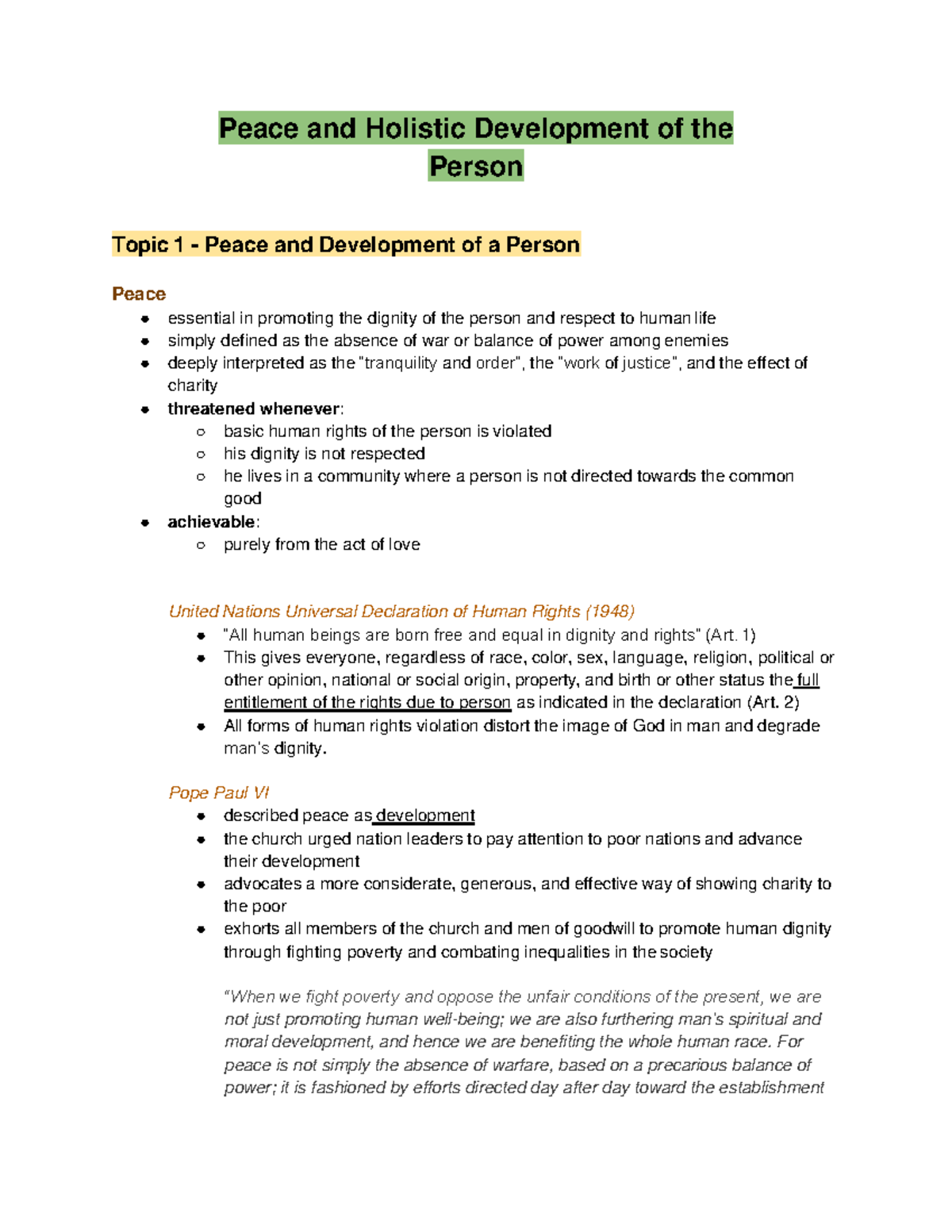 JUSCRE - Notes on Peace and Holistic Development of the Person - Studocu