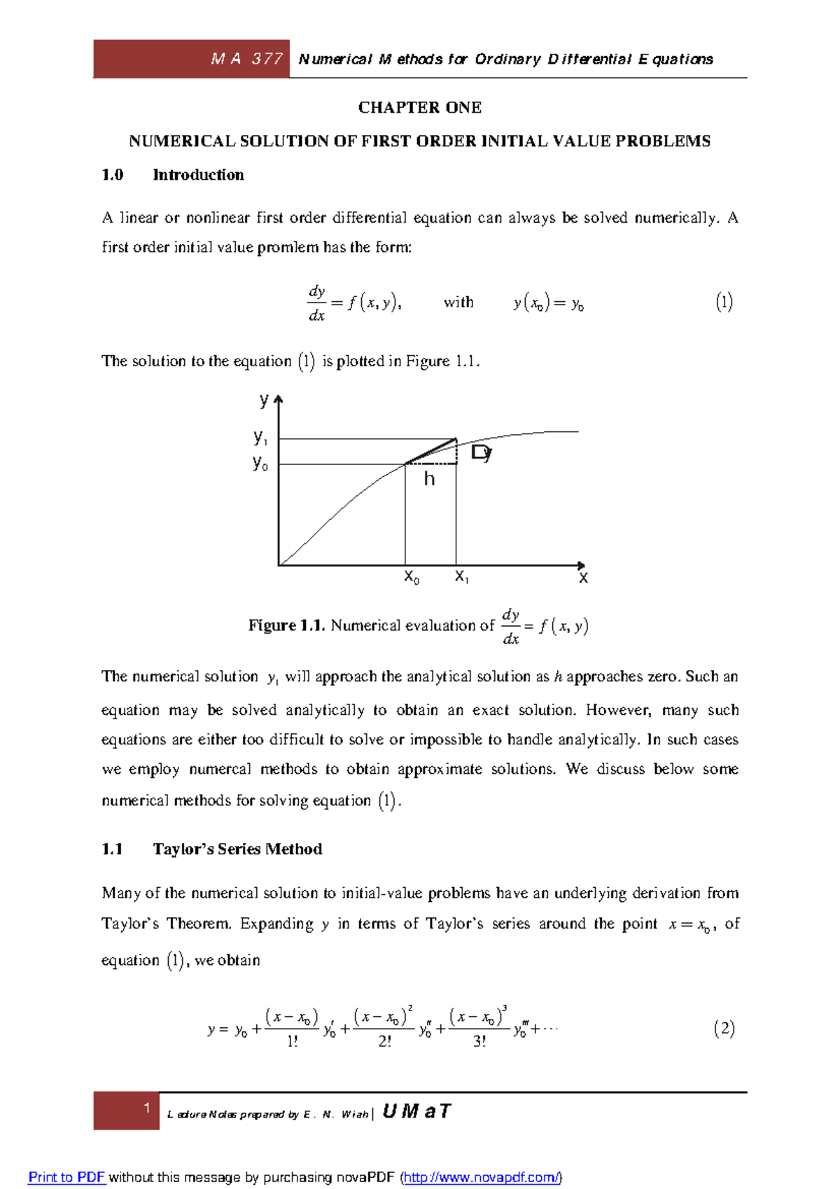 Numerical Methods FOR Ordinary Differential Equations - 1 Lecture Notes ...
