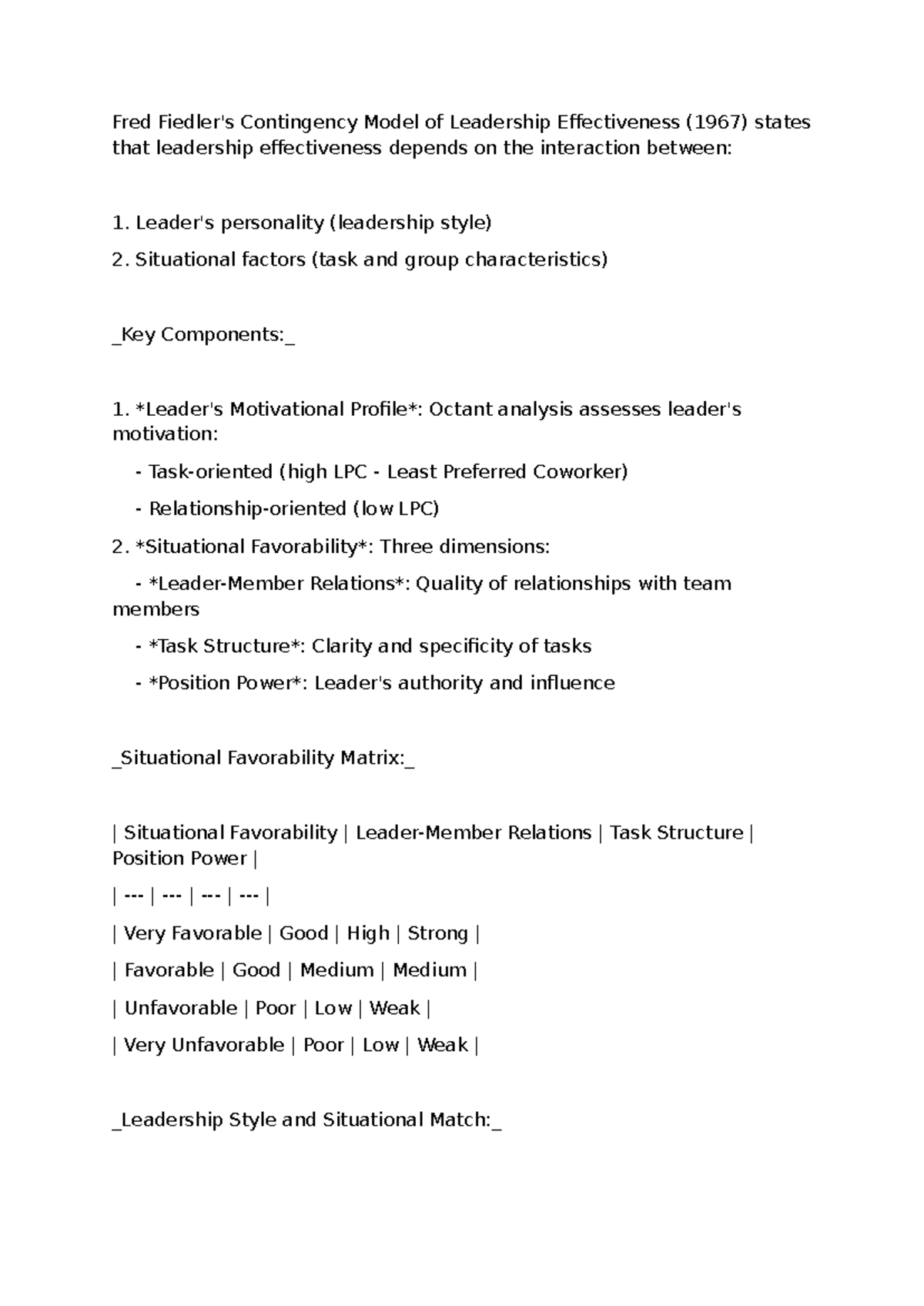 PSY 301 - Fred Fiedler's Contingency Leadership Model Summary - Studocu