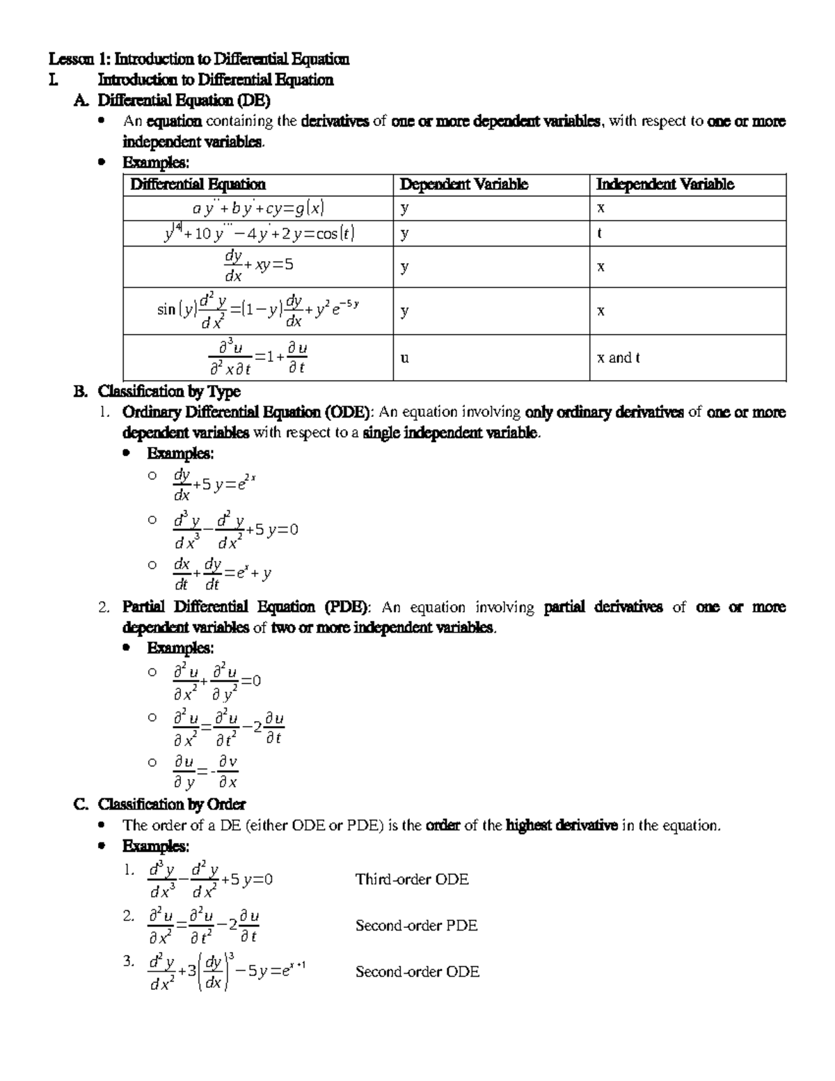 Lesson 1: Intro to Differential Equations I - Calculus Notes - Studocu