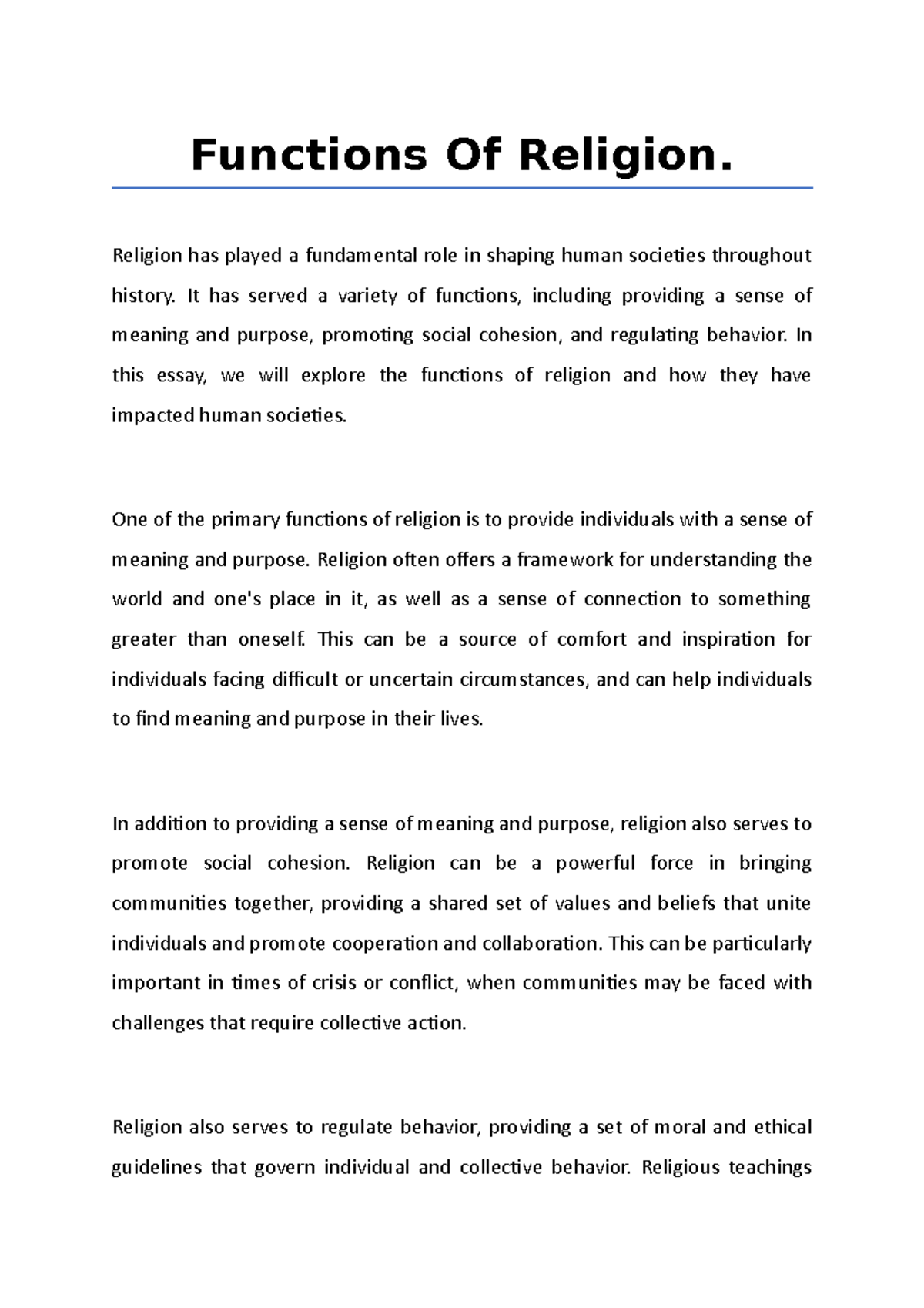 Functions of Religion: A Comprehensive Analysis of Impact - Studocu