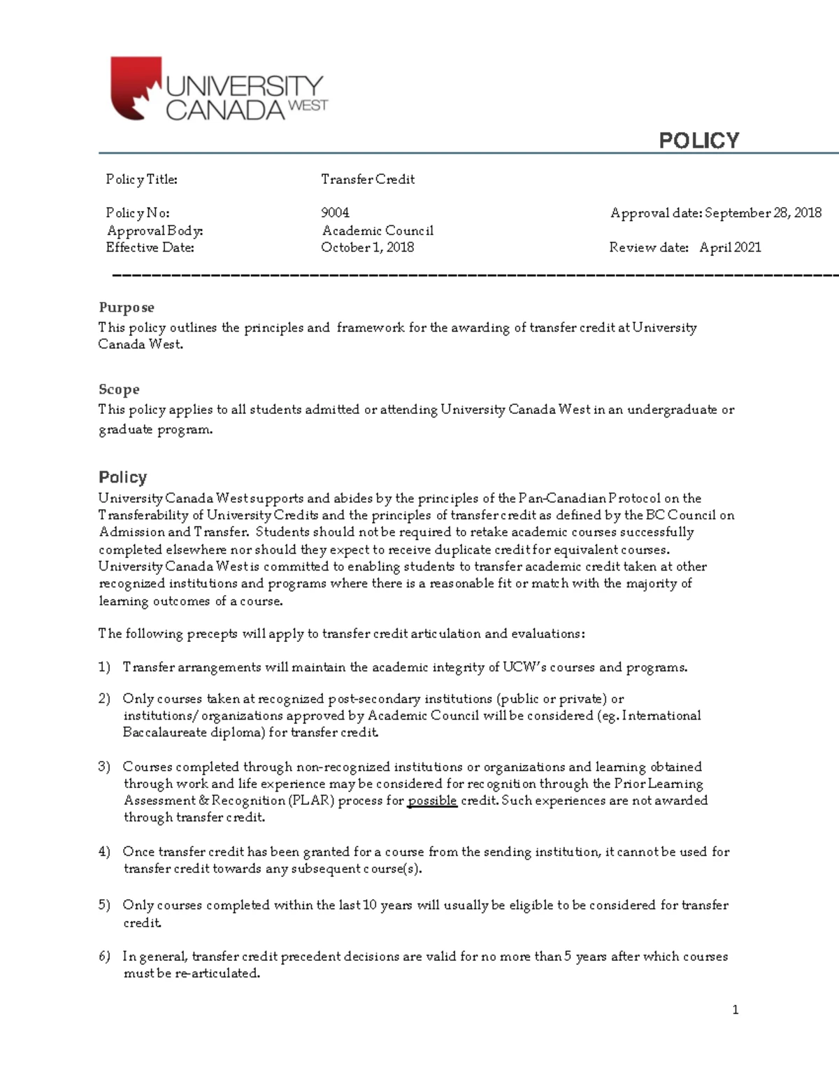 UCW 9023 Academic Standing & Performance Assessment Policy - Studocu