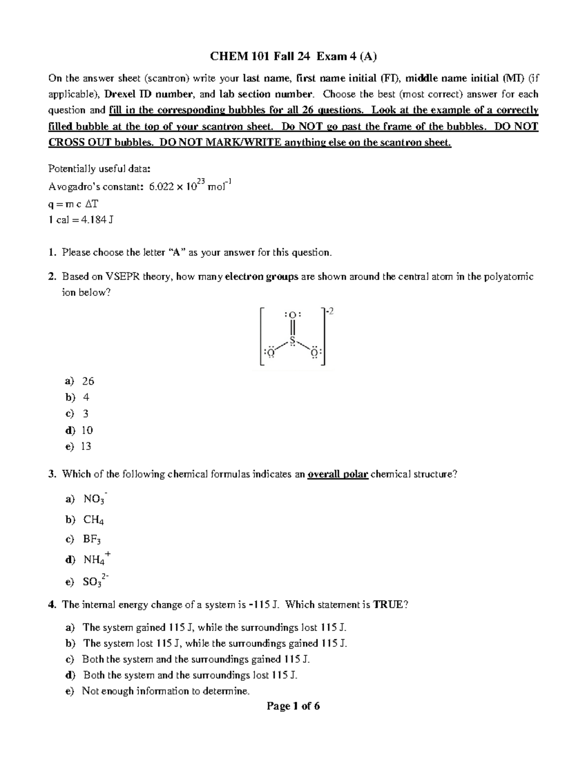 CHEM 101 Fall 24 Exam 4 (A) Solutions & Answer Key - Studocu