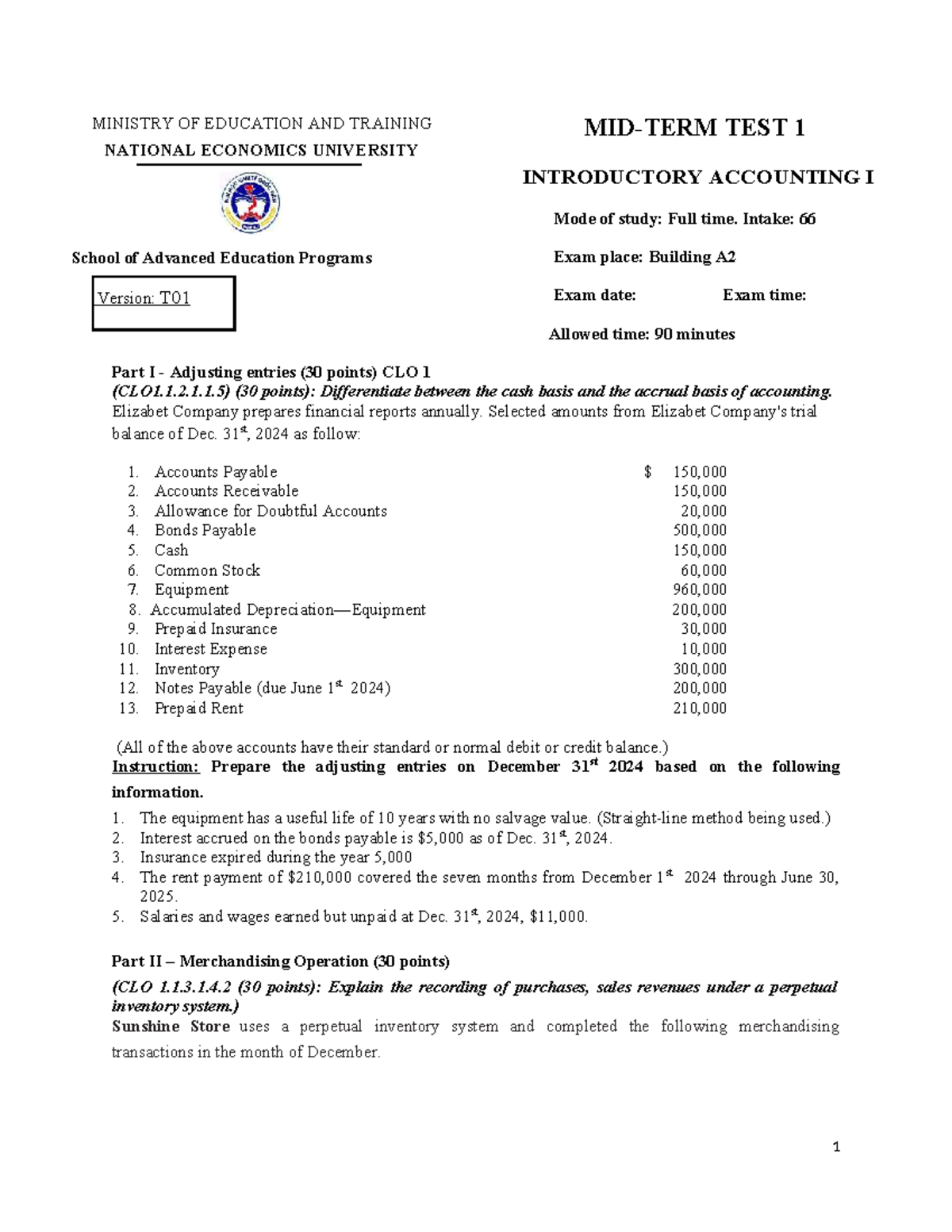Accounting 1 Midterm Test - Ministry of Education & Training - Studocu