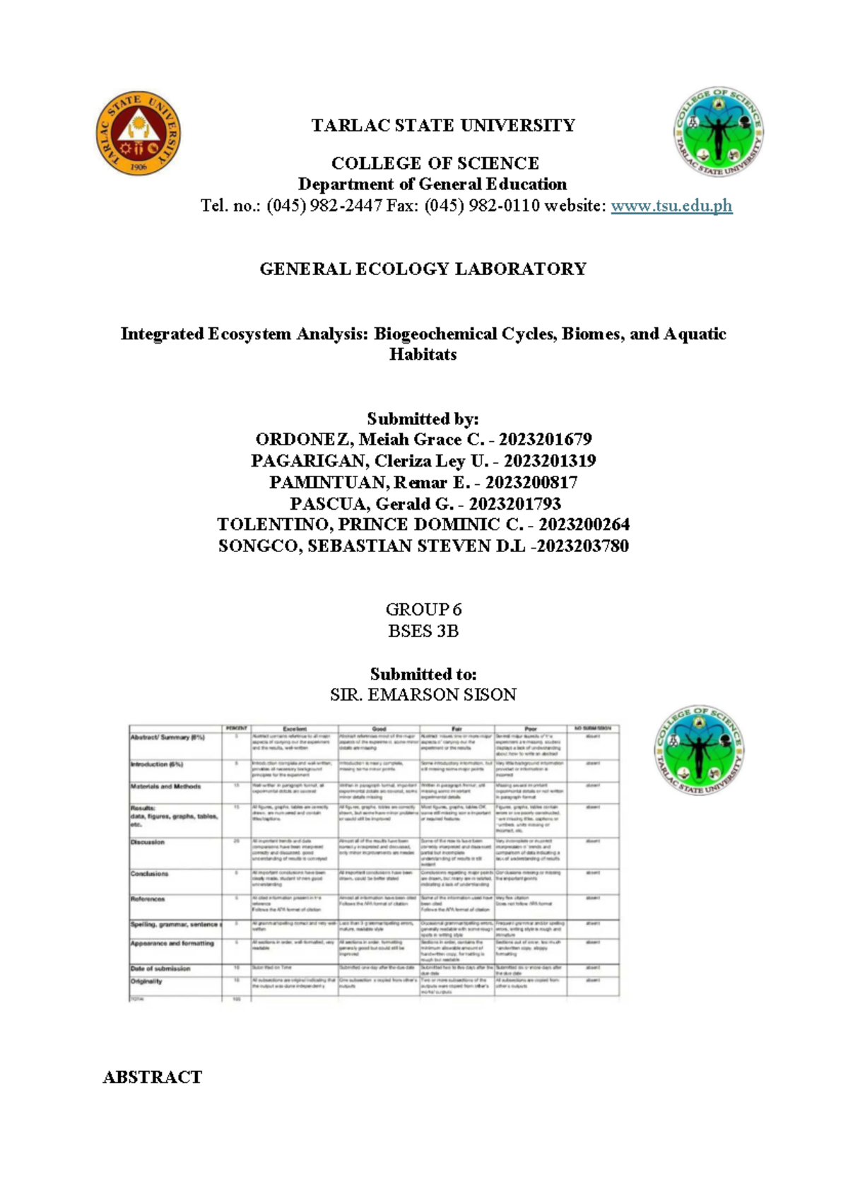 GEN ECO LAB 12, 13, and 14: Integrated Ecosystem Analysis Report - Studocu