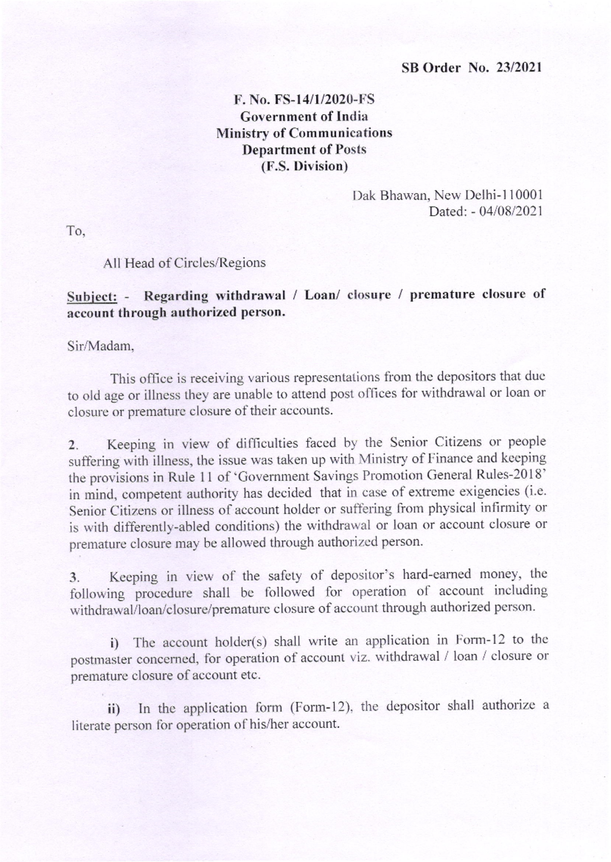 SB Order 23-2021: Process for Withdrawal by Messenger via Form-12 - Studocu
