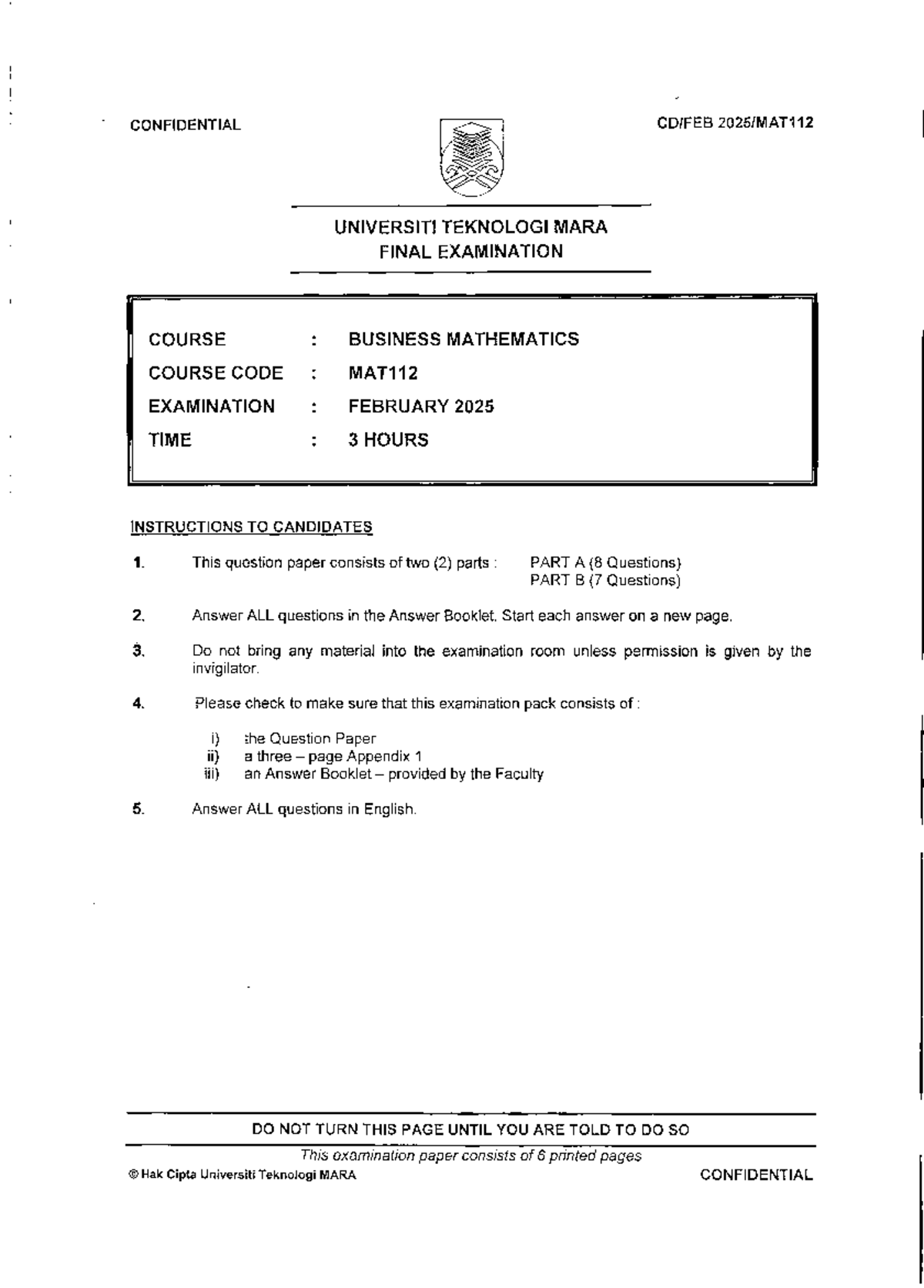 MAT112 - Business Mathematics Final Exam Paper February 2025 - Studocu