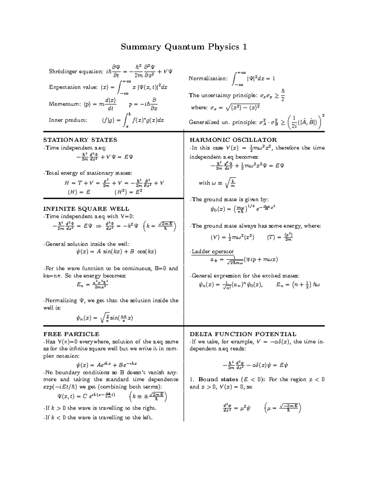 Summary Quantum Physics 1 - principle: σ A 2 · σ 2 B ≥ ( 1 2 i 〈[ ˆA ...