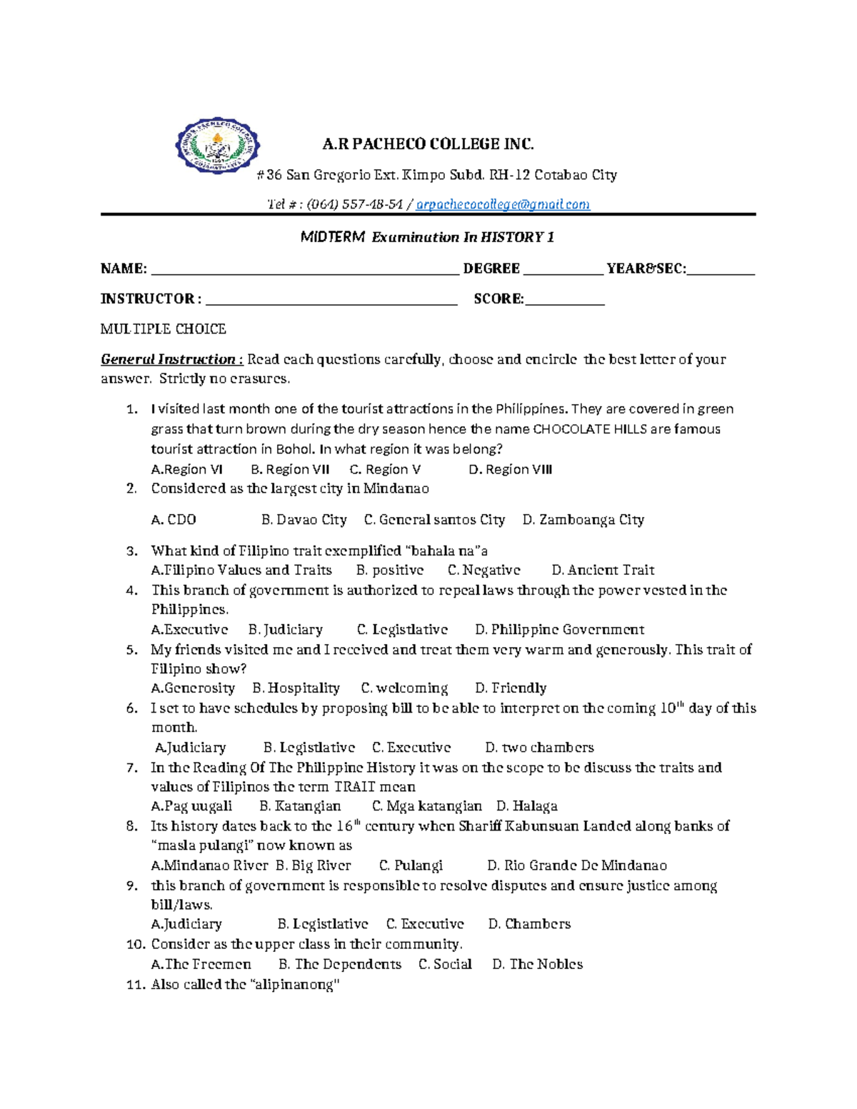 History 1 - Midterm Exam Questions and Answers Guide - Studocu