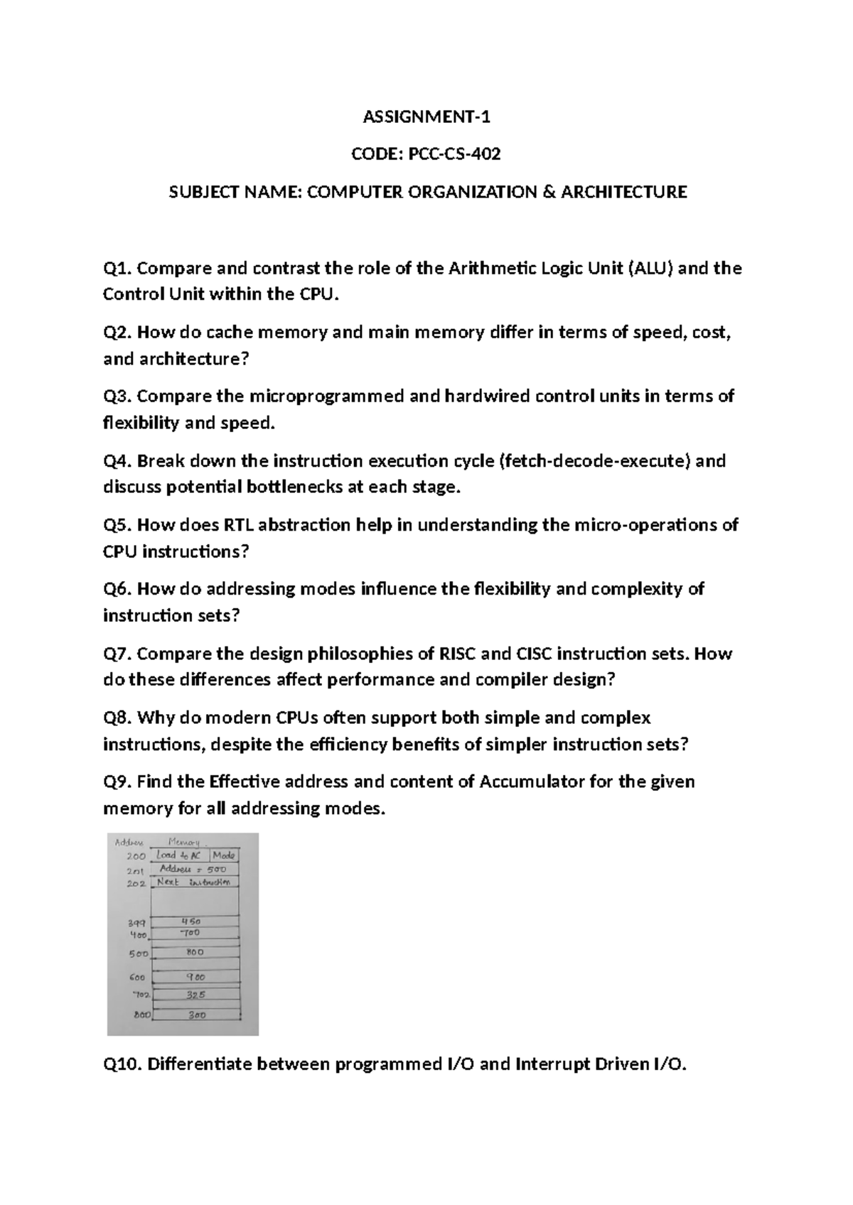 Assignment-1 COA - Assignment unit-1 - ASSIGNMENT- CODE: PCC-CS ...