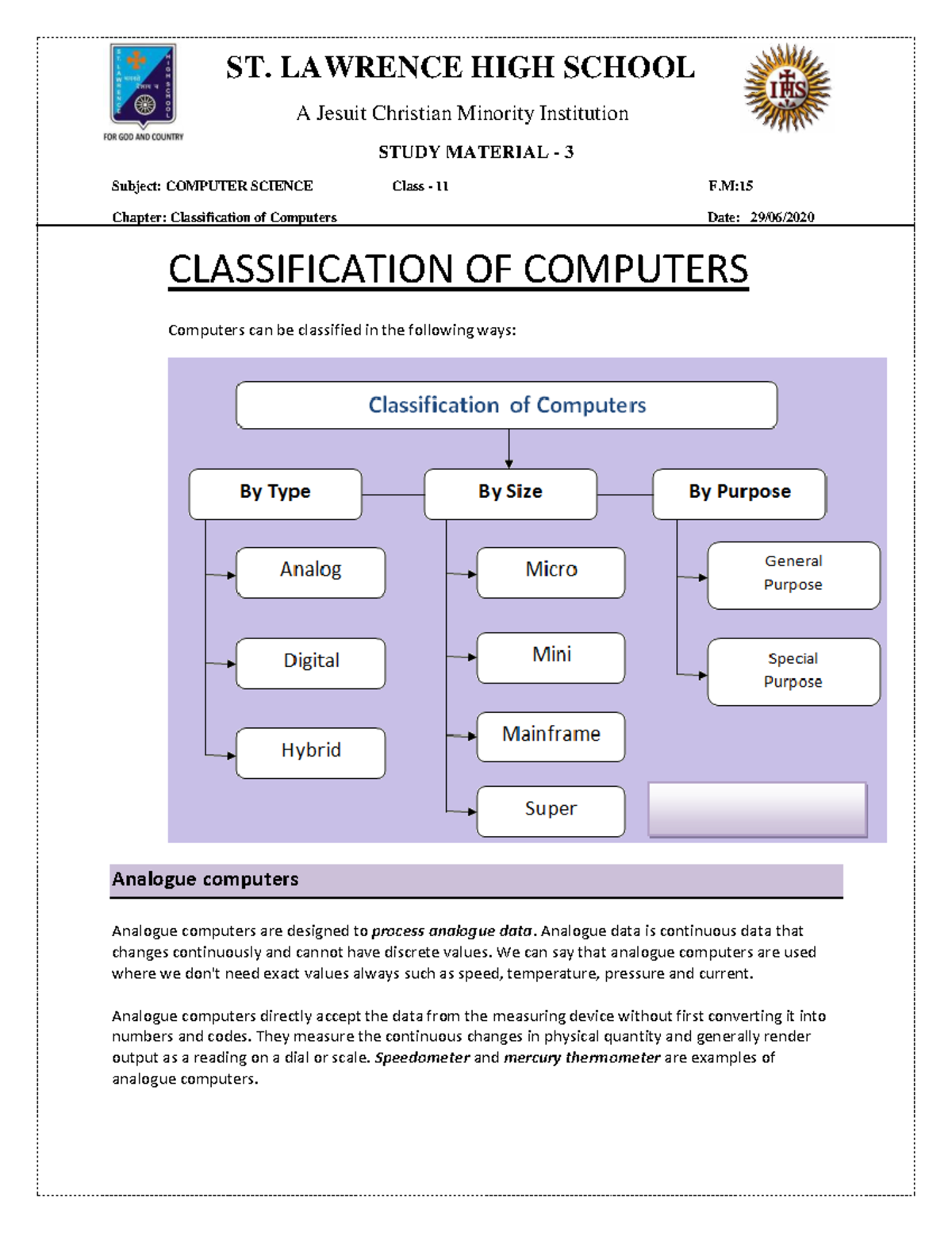 Class 11 Computer Science: Classification of Computers Study Notes ...