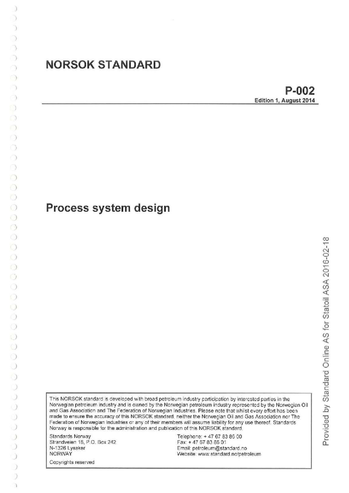 NORSOK P-002: Materials for Enterprise Separator Design Standards - Studocu