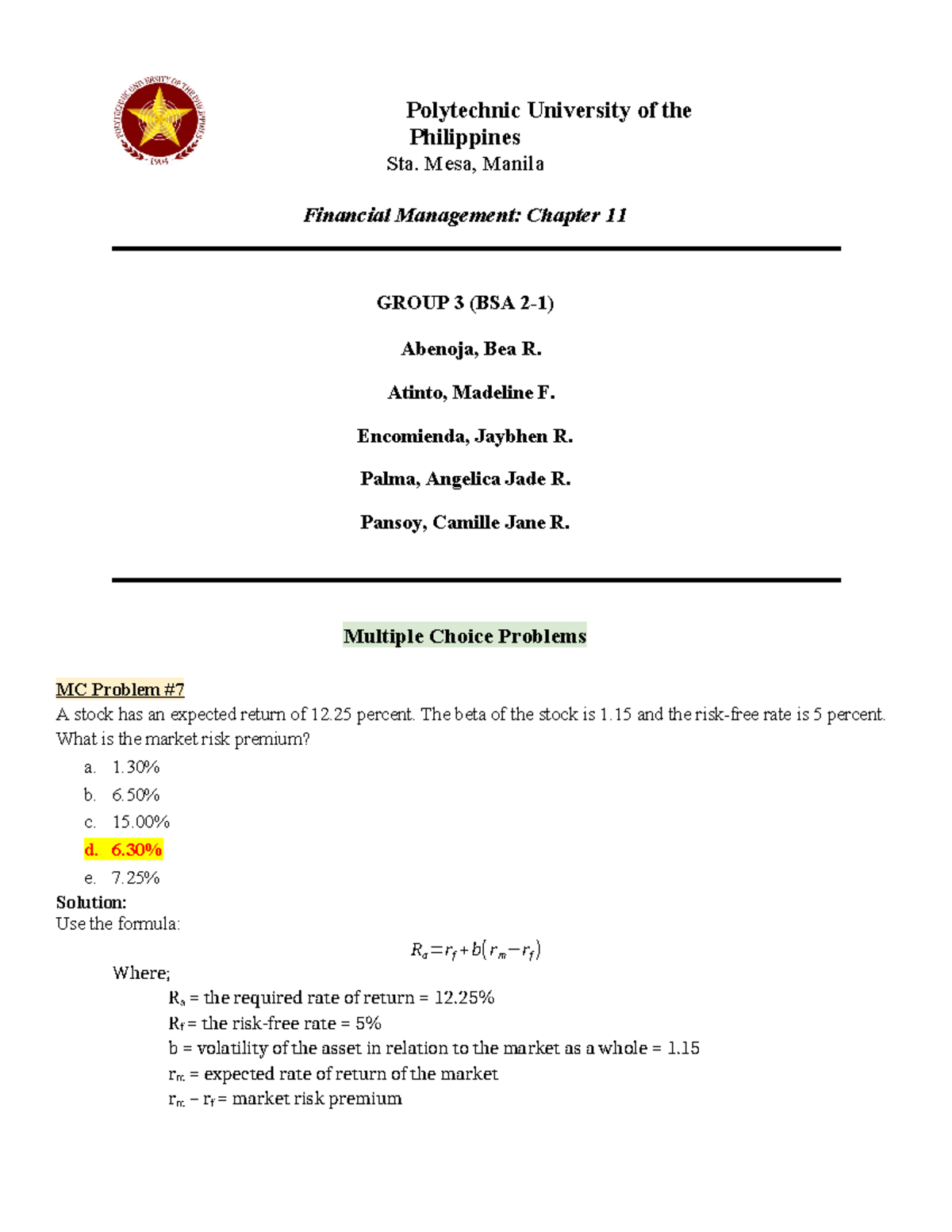 Group 3 Chapter 11 MC Problems 7 9 and Problem 11 - Polytechnic ...